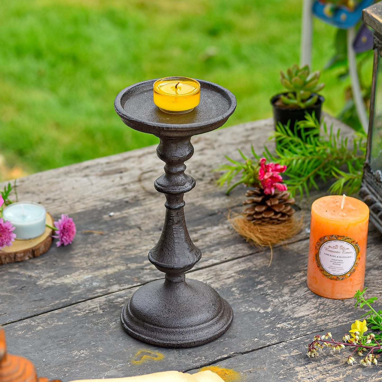 Sungmor Rustic Cast Iron Pillar Candle Holder, 7.8" Tall Vintage Candlestick Holders, Table Centerpiece Metal Candle Holder, Farmhouse Candle Stand for Fireplace Shelf Home Decor