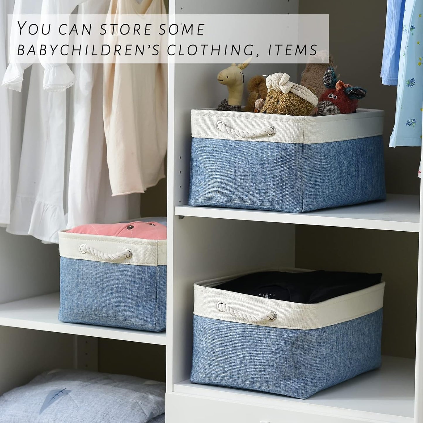 TcaFmac Storage Basket for Organizing - Large 4 Pack Fabric Storage Bins Baskets for Shelves with Ropes, Foldable Storage Cubes for Closet Cloth Toy (White & Blue16x12x8 inch)