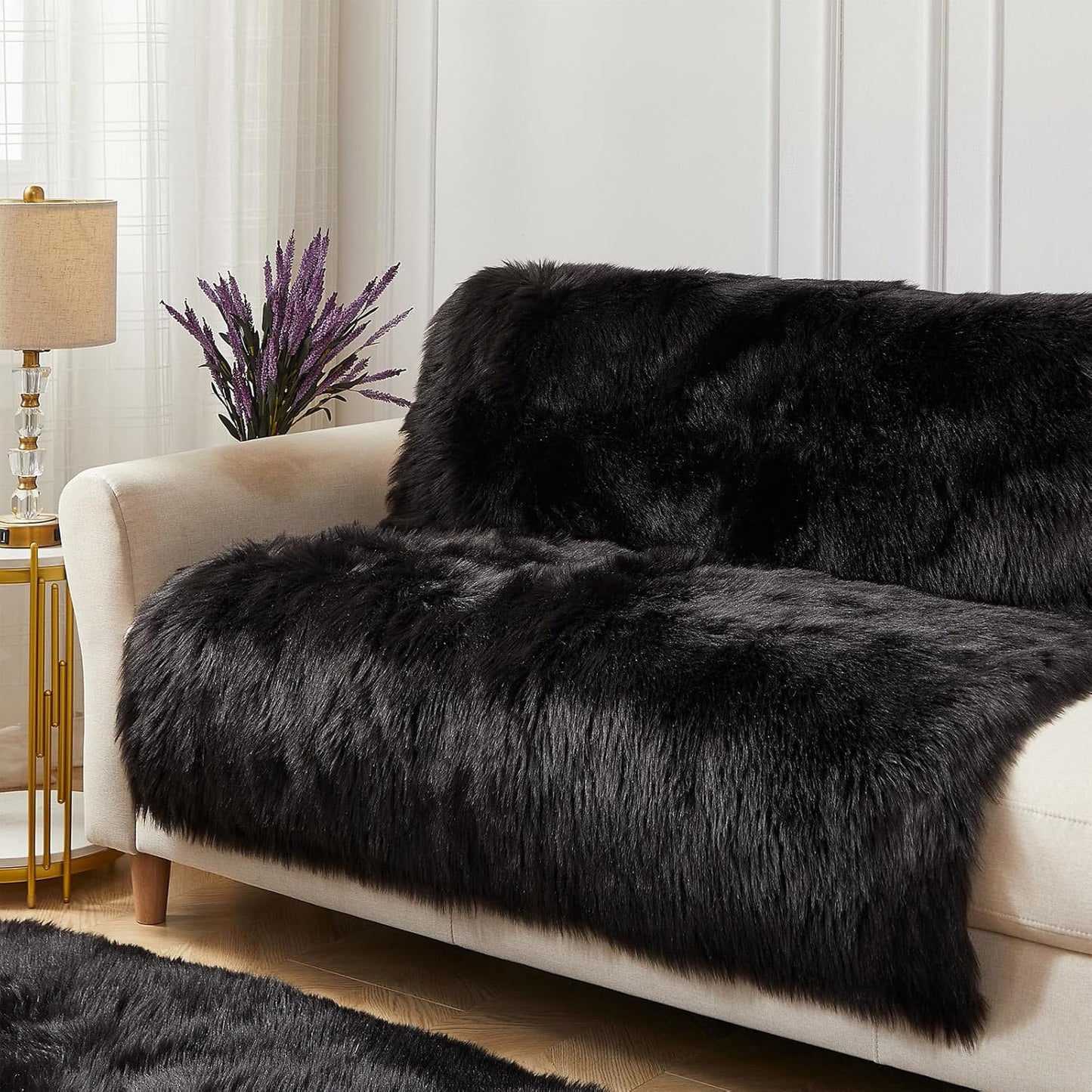 AMTOVO Faux Fur Sheepskin Rug for Living Room, 4 x 6 ft Black Fluffy Area Rug for Bedroom, Playroom, Luxury Room Decor, Rectangle
