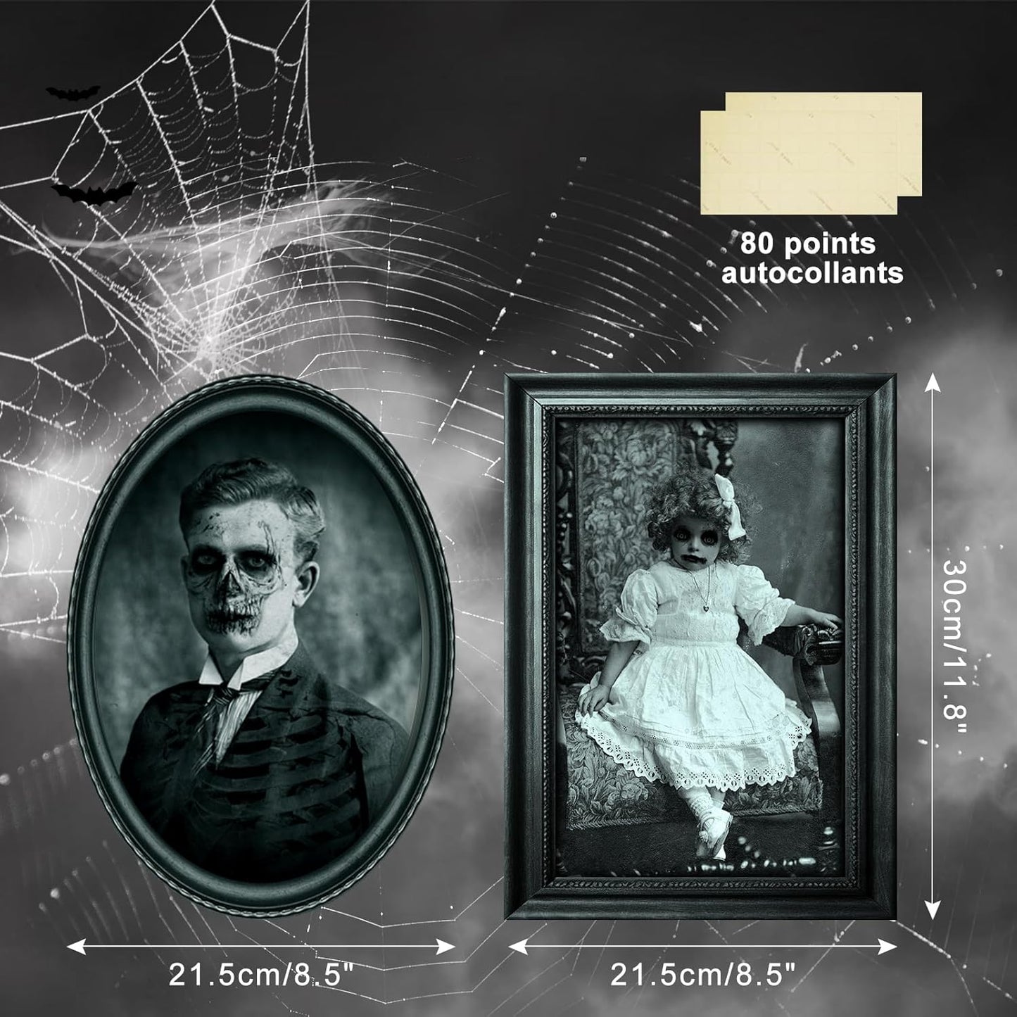 15 Halloween Gothic Creepy Skull Photos Haunted Horror Picture Frame, Waterproof Durable, with 80pcs Self Adhesive Dots Photo Decoration For Haunted Family Castle Masquerade Party 2025 Black