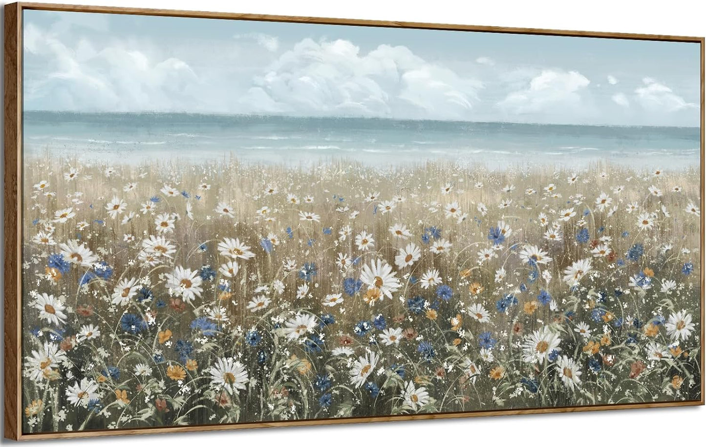amatop Oversized Wall Art for Living Room Extra Large Farmhouse Boho Framed Beach Coastal Vintage Ocean Floral Canvas Print Daisy Flowers Sea Wall Picture Neutral Nautical Artwork Bedroom Office Decor