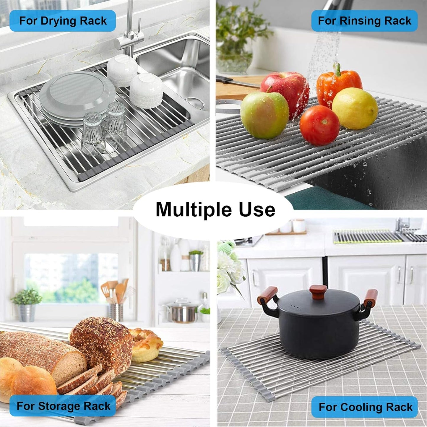 Searik Dish Drying Rack Roll Up Sink Drying Rack, Over The Sink Dish Rack Multi-Use Stainless Steel Dish Drainers Heat Resistant Mat for Drying Draining Trivet (17.7"x13.8")
