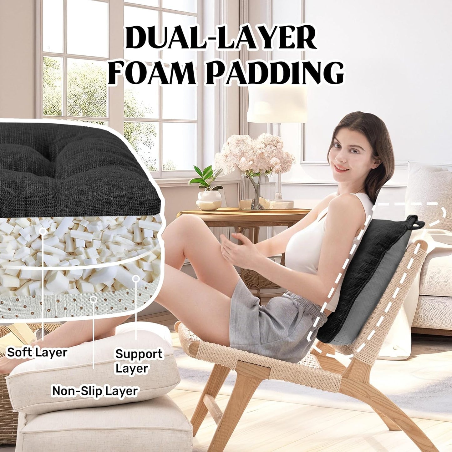 puredown® Chair Cushions for Dining Chairs, Tufted Memory Foam Chair Pads with Non-Slip Backing, Kitchen Seat Cushions with Ties, Washable Seat Pad Set of 4, 15.5" x 15.5" x 4", Black