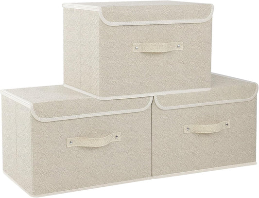 Fabric Storage Bins Cube Organizers with Flip-Top Lid and Handles,Storage Boxes for Organizing Home,Office,and Closet,Grey and Beige,3 Pack 15 x 9.8 x 9.8 in