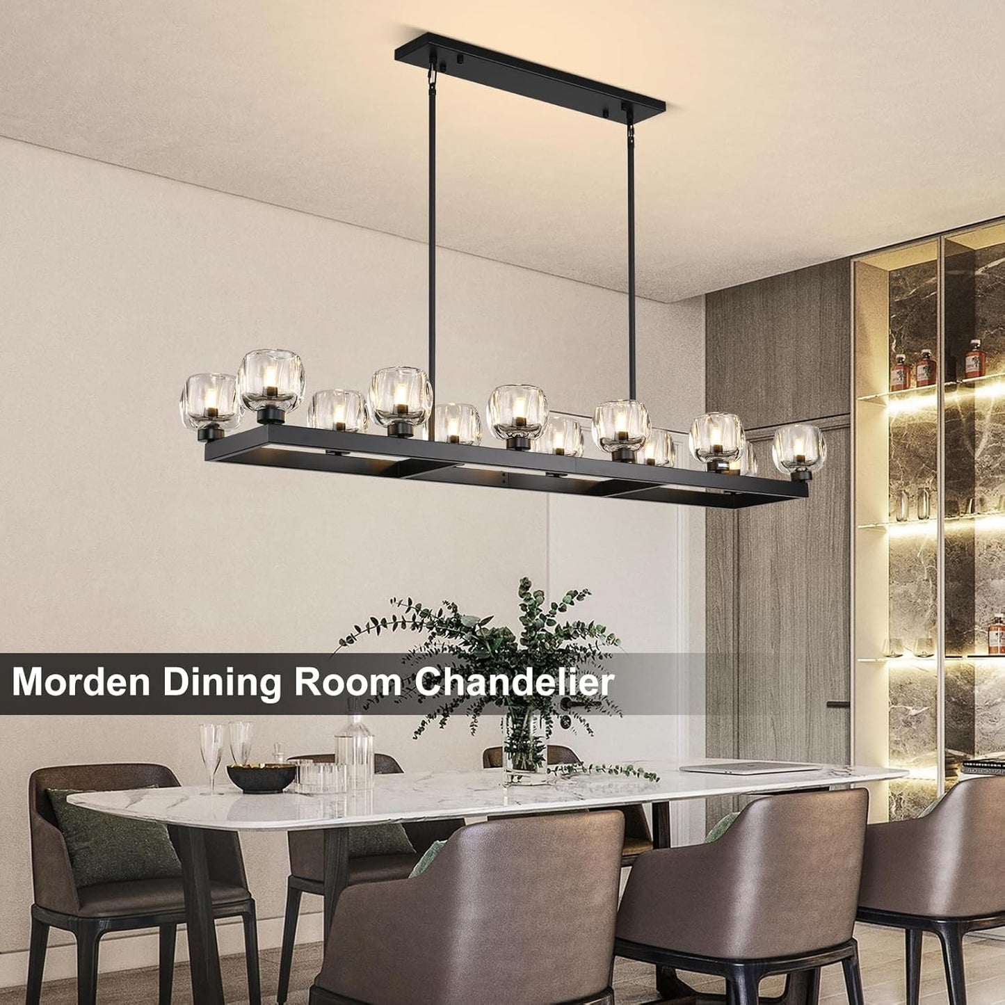 59 Inch Black Rectangle Wagon Wheel Chandeliers, Black Chandelier for Dining Room Over Table, Modern Crystal Long Chandelier, Farmhouse Large Linear Chandeliers for Kitchen Island