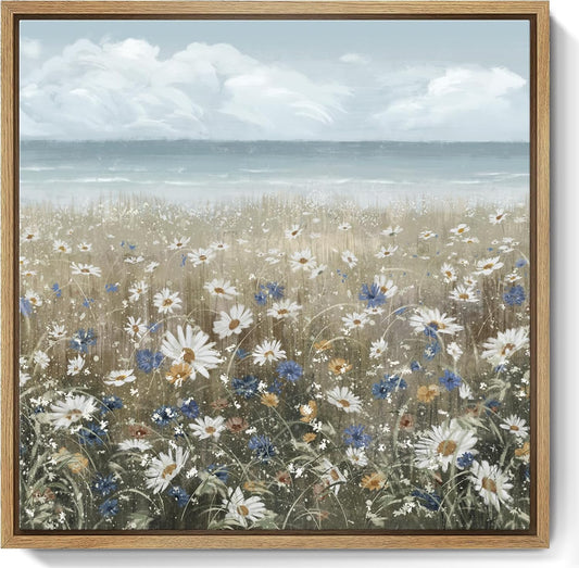 amatop Framed Wall Art Bathroom Décor Boho Beach Coastal Vintage Floral Wall Picture Flower Daisy Flowers by Sea Canvas Print Nautical Small Artwork For Home Farmhouse Living Room Bedroom Office