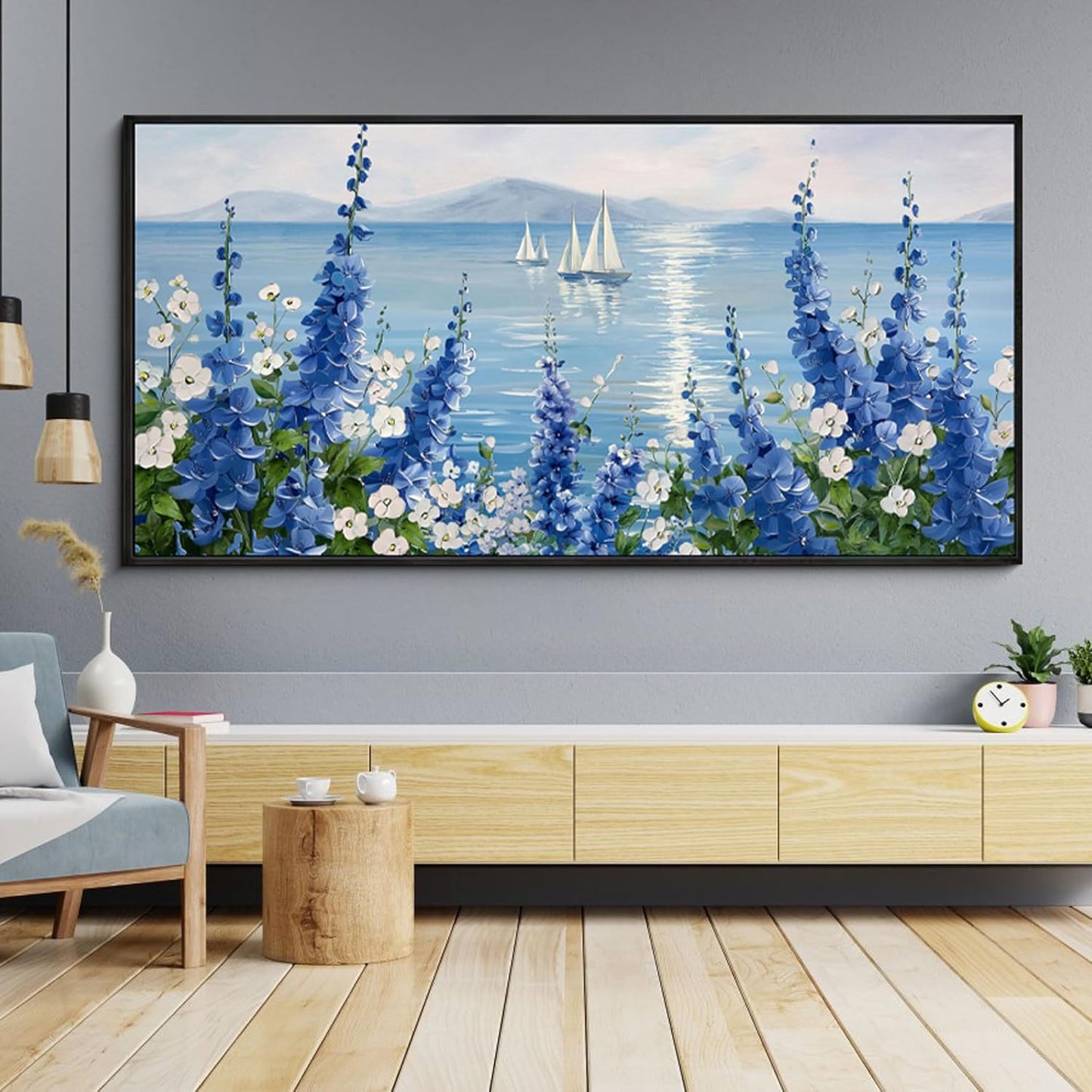XLSJERST Large Sailboat Wall Art - Blue Canvas Abstract Painting Textured Picture Artwork Vintage Nautical Flower Painting Coastal Modern Print 29"x58" Frame for Living Room Bedroom Home Decoration