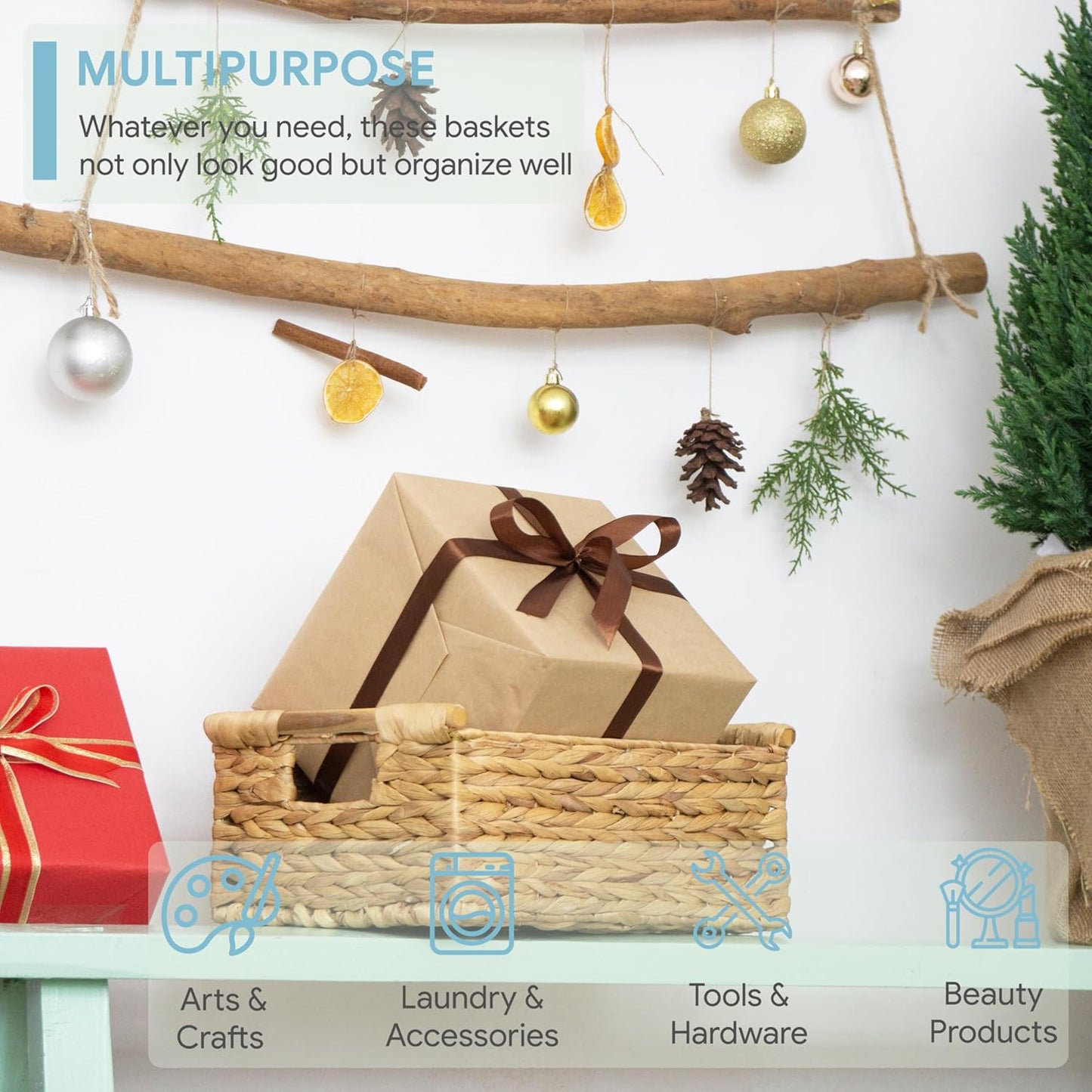 VATIMA Hyacinth Medium Wicker Basket 13.6x9.5x5.6" - With Handle, Living Room Decor, Rectangular Design