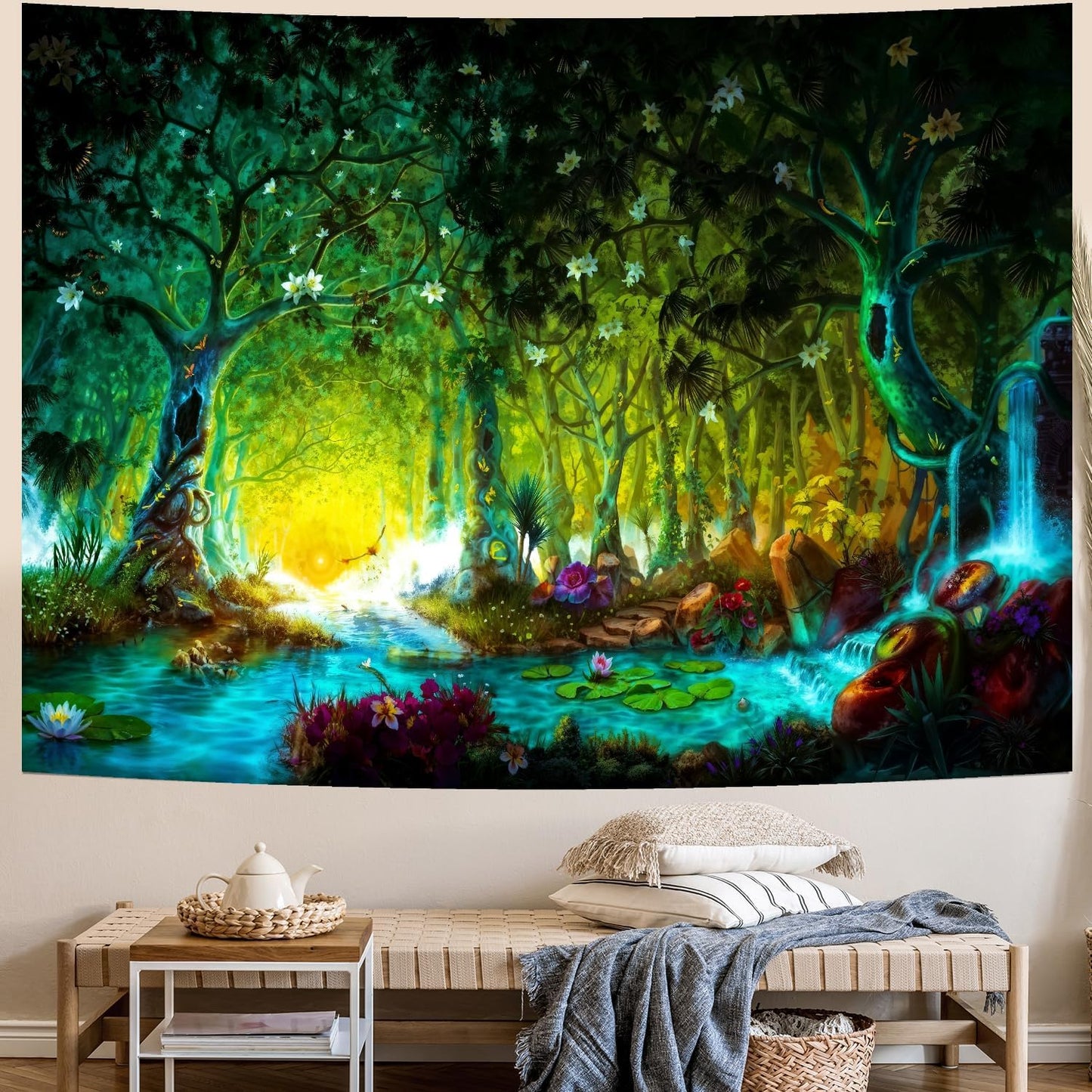 Delur Fantasy Forest Tapestry Mystical River Enchanted Magical Fairy Tale Tree Tapestry Sunrise Landscape Sunset Nature Psychedelic Wall Hanging Headboard for Bedroom Living Room Home Decor (51.2" x 59.1")