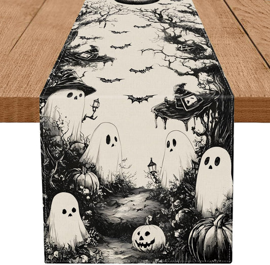 GPGHE Halloween Table Runner Black Ghost Holiday Burlap Table Decoration Indoor Outdoor Home Decor Party Supply 13 x 90 Inch