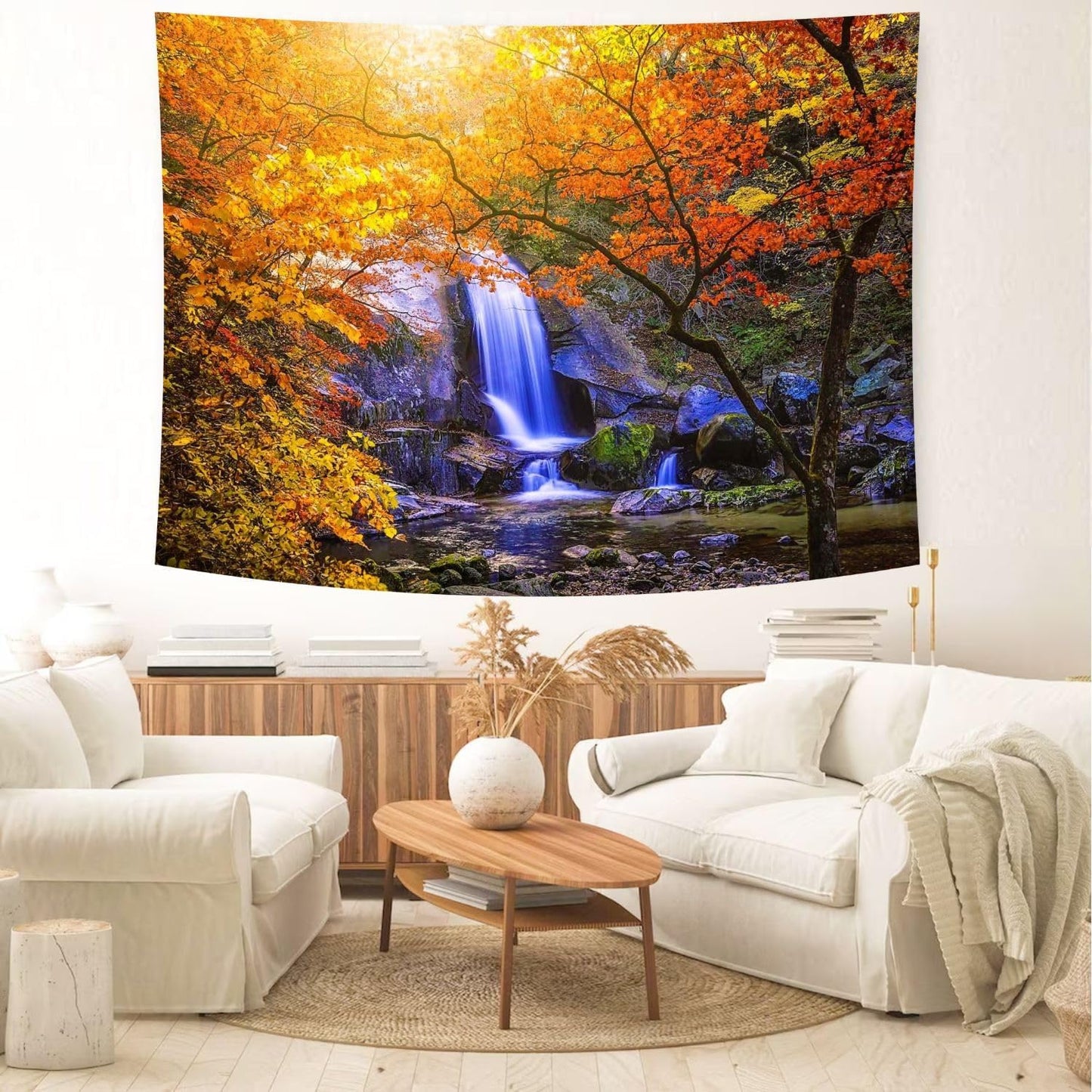 Delur Waterfall Tapestry Forest Nature Scenic Tree Mountain Sunset Tapestry Wall Hanging Natural Landscape Sunrise Headboard for Bedroom Living Room Home Decor (51.2" x 59.1")