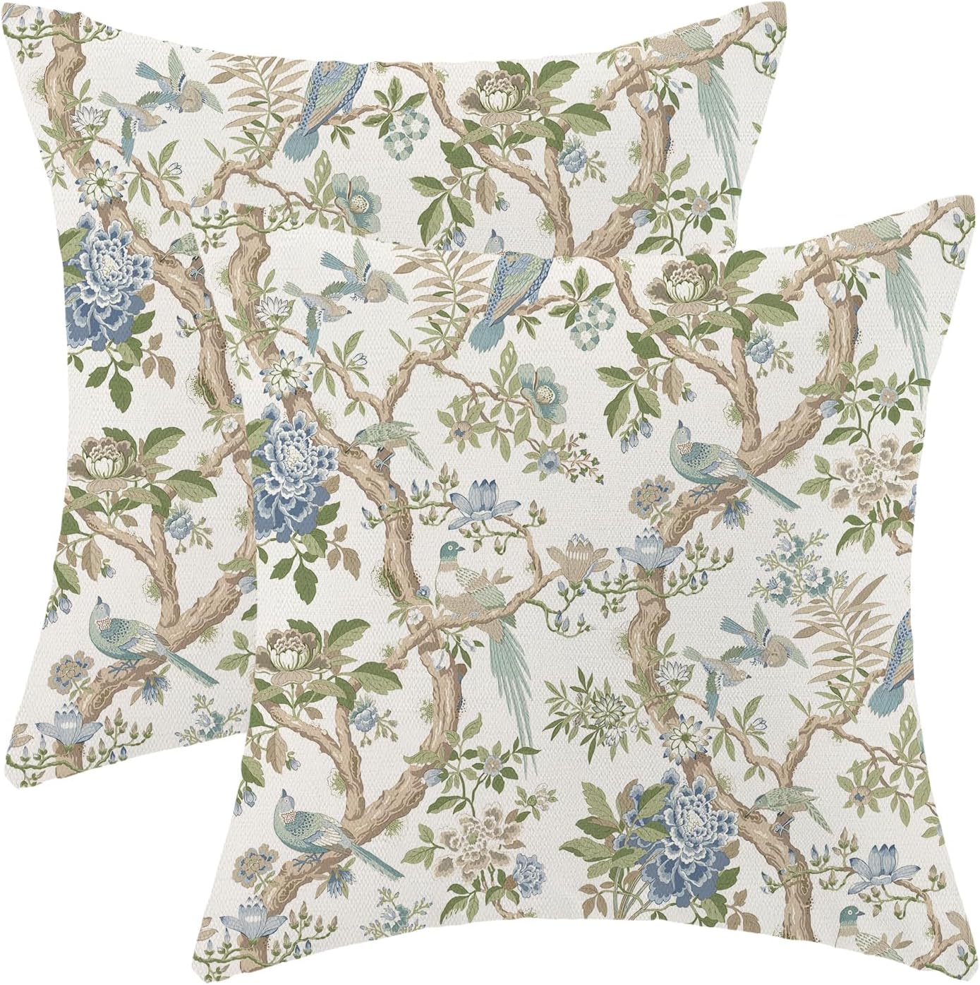 CXMEIFLY Chinoiserie Spring Pillow Covers 22 x 22 Inch Set of 2 for Blue Sage Green Vintage Flowers Bird Decor Throw Pillows Plant Farmhouse Outdoor Decorative Cushion Cases for Couch Bed Decorations