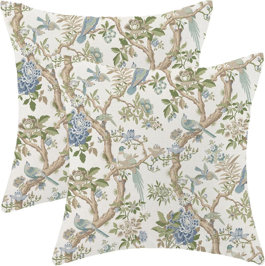 CXMEIFLY Chinoiserie Spring Pillow Covers 20 x 20 Inch Set of 2 for Blue Sage Green Vintage Flowers Bird Decor Throw Pillows Plant Farmhouse Outdoor Decorative Cushion Cases for Couch Bed Decorations