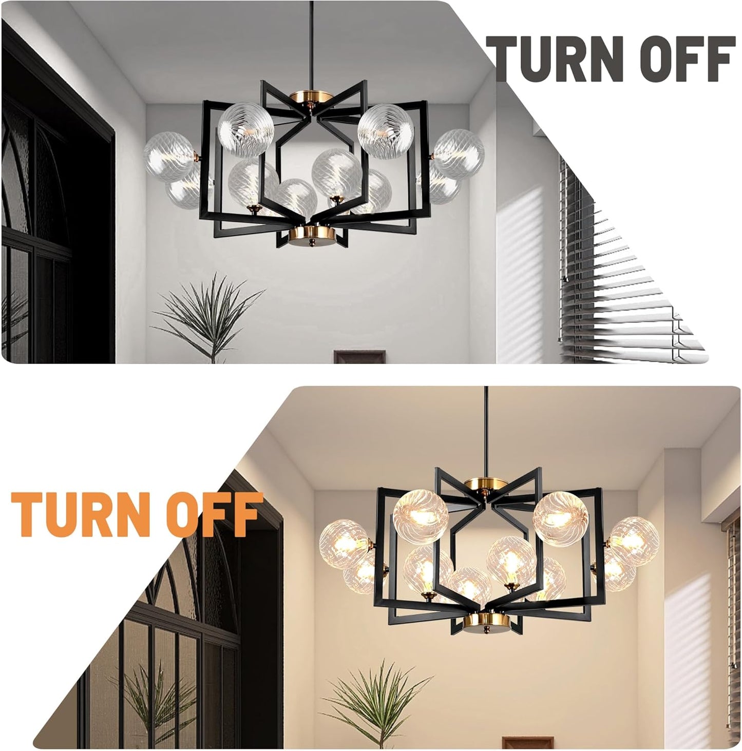 12 Light Black Farmhouse Chandelier Geometric Metal Dining Room Light Fixture Height Adjustable Black Chandeliers for Dining Room Clear Glass Farmhouse Industrial Pendant Lights for Bedroom, Entryway