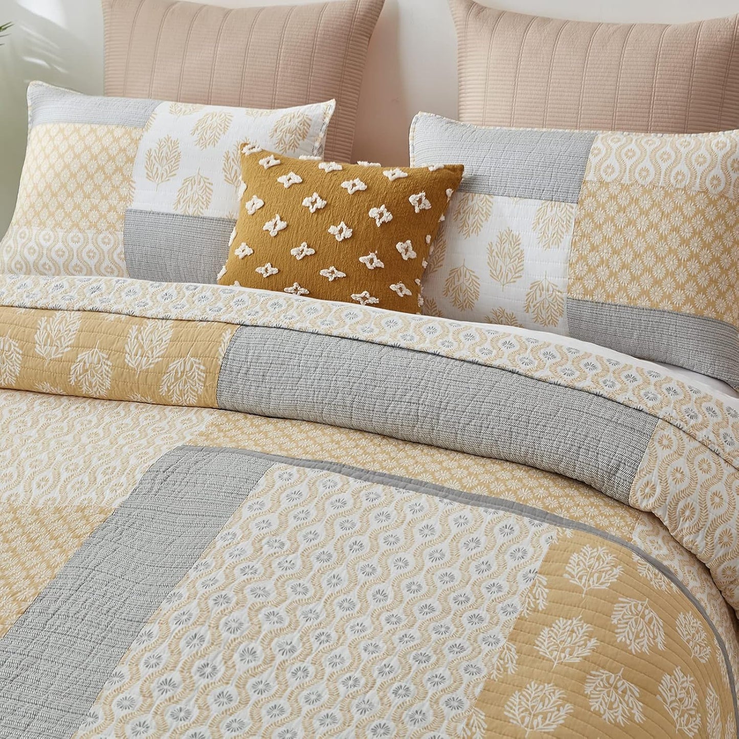 PANGUSHAN Quilt Set King Size,100% Cotton Bedspread Quilt Bedding Set,Floral Patchwork Quilt Set for King Bed,Yellow/Grey/White Bed Spread,Lightweight Comforter Reversible Quilt,All Season,3 Pieces