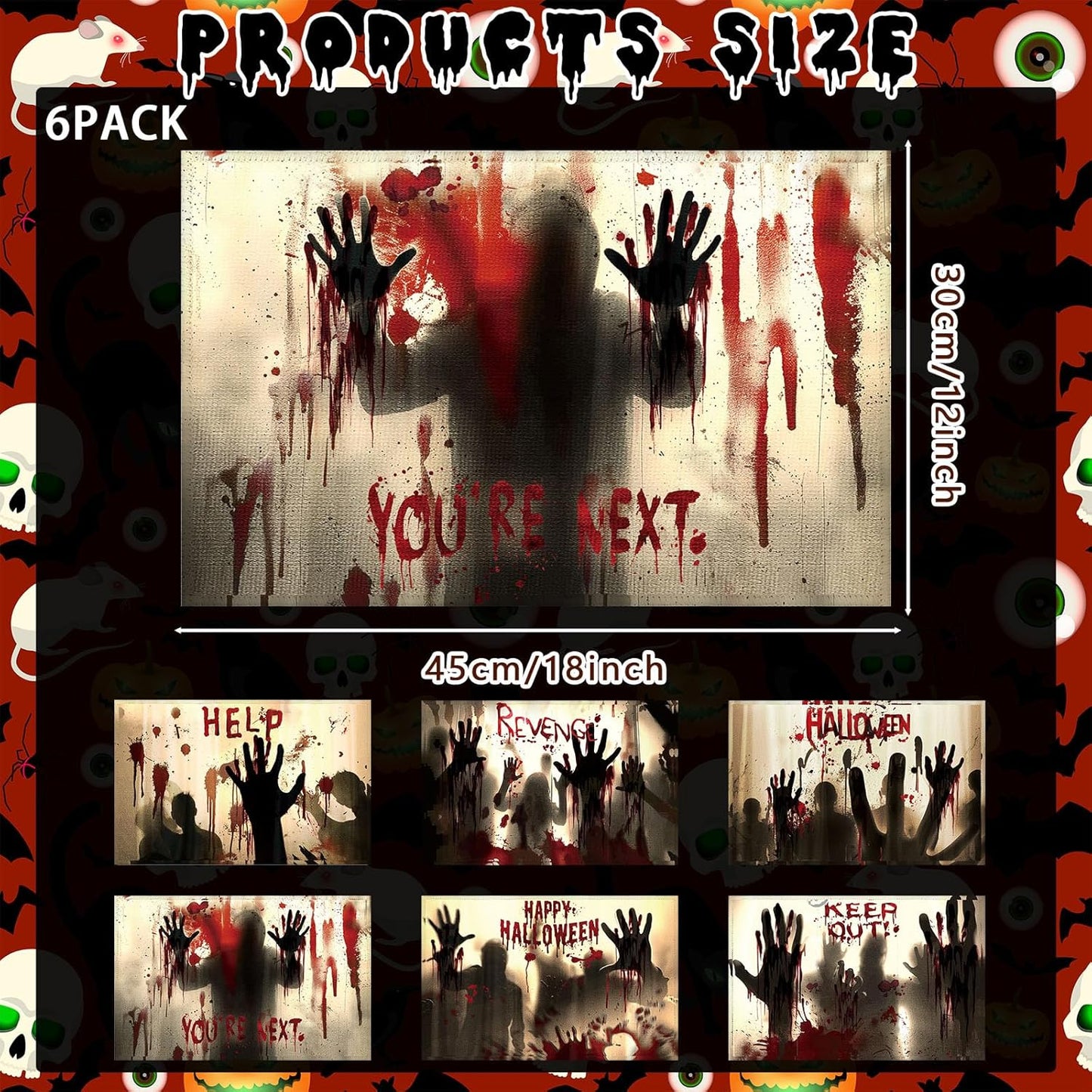 Umigy 6 Pcs Halloween Placemats 12"x18" Gothic Bat Placemats Kitchen Decoration Washable Witch Place Mats Rectangle Skull Table Mats for Halloween Dining Table Accessories (Bloody Hands Style)