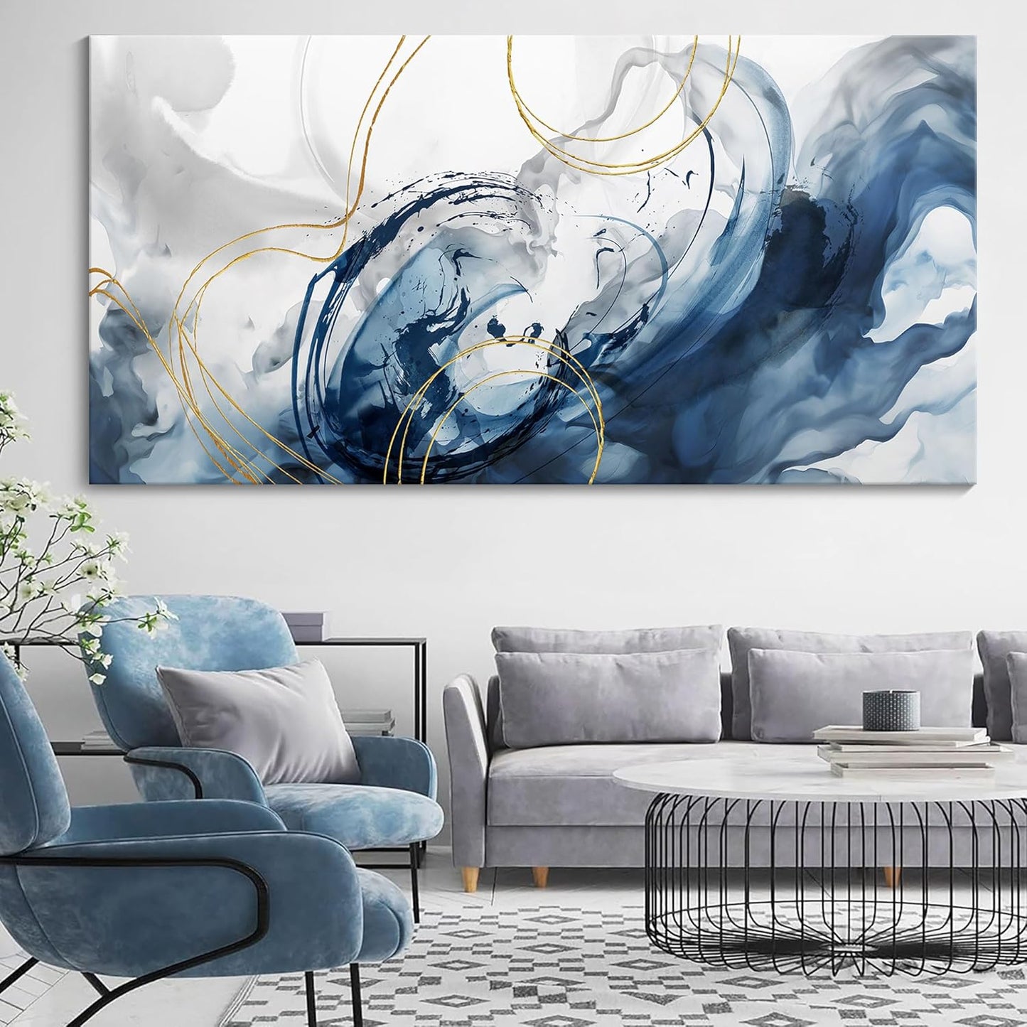 Mofutinpo Abstract Canvas Wall Art Blue Pictures for Living Room Wall Decoration Large Modern Wall Art Office Artwork Wall Decor Graffiti Paintings for Bedroom 24×48in