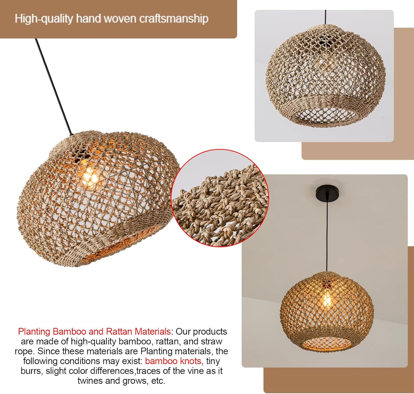 13.77" Woven Rattan Pendant Light,Hand-Woven Water Plants Rattan Chandelier Boho Wicker Coastal Retro Ceiling Chandelier Lighting,for Kitchen Island Restaurant Craft Room Farmhouse