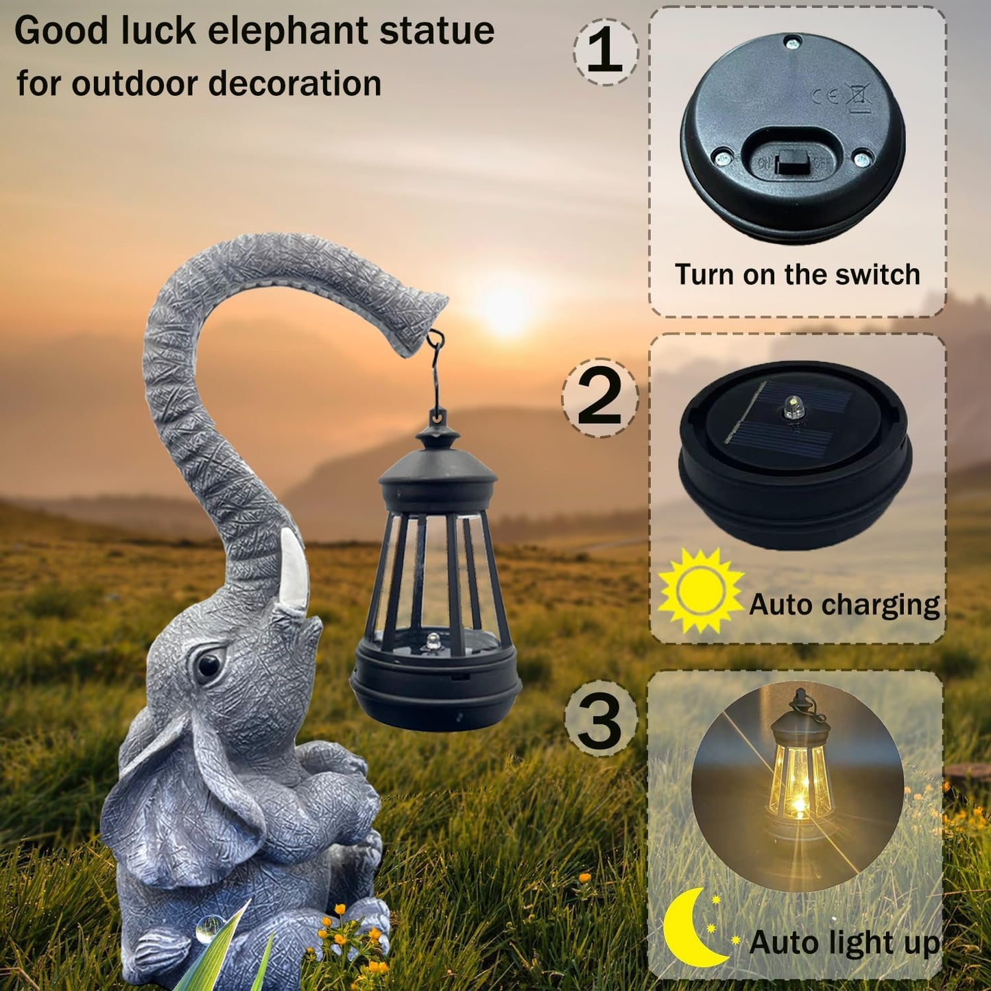 10.6 Inch Statue Elephant with Solar Outdoor Lights for Garden Decor，Lucky Present with Appeal for Birthdays(Man and Women and Family)，Unique Housewarming Presents and Yard Decor. (Gray)