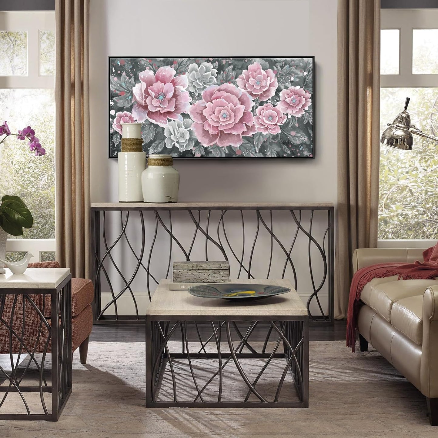 Large Pink Wall Art for Living Room- Pink and Black Peony Floral Canvas Wall Art Modern Framed Moody Black and White Wall Picture Flower Artwork Decor for Bedroom Dining Room Office 48x24