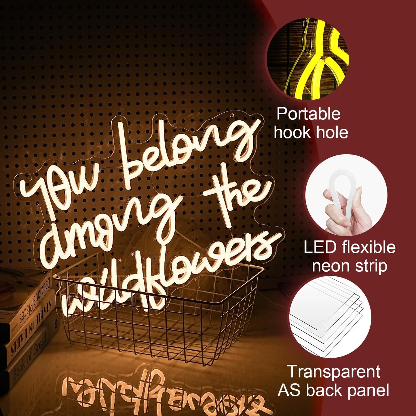 You Belong Among The Wildflowers Neon Sign for Wall Decor Dimmable Warm White LED Letters Neon Light for Living Room Garden Art Wall Neon Decor Personzalized Gift(16.5 * 12.6In)