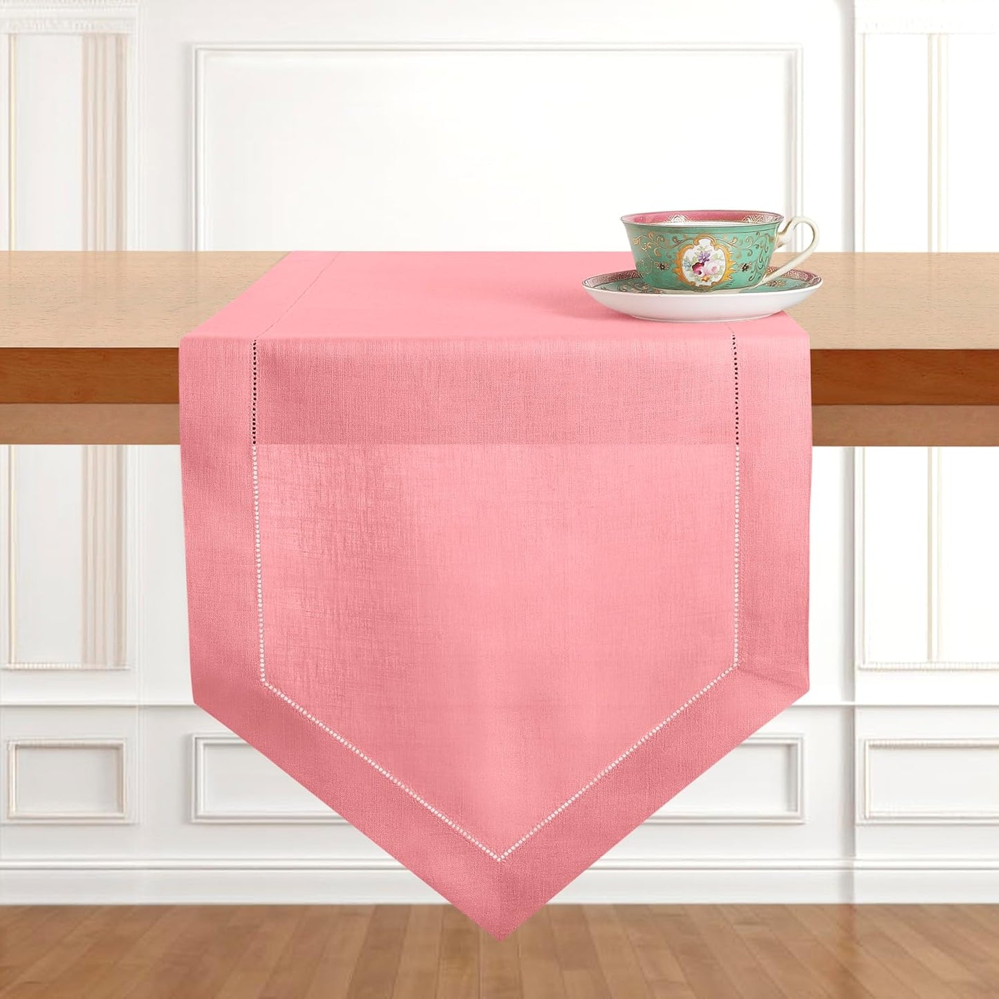 D'Moksha Homes Dusty Pink Linen Table Runner 72 Inches Long - 100% Pure Linen Diamond Table Runner 14 x 72 Inch for Dining, Fall and Halloween - Machine Washable