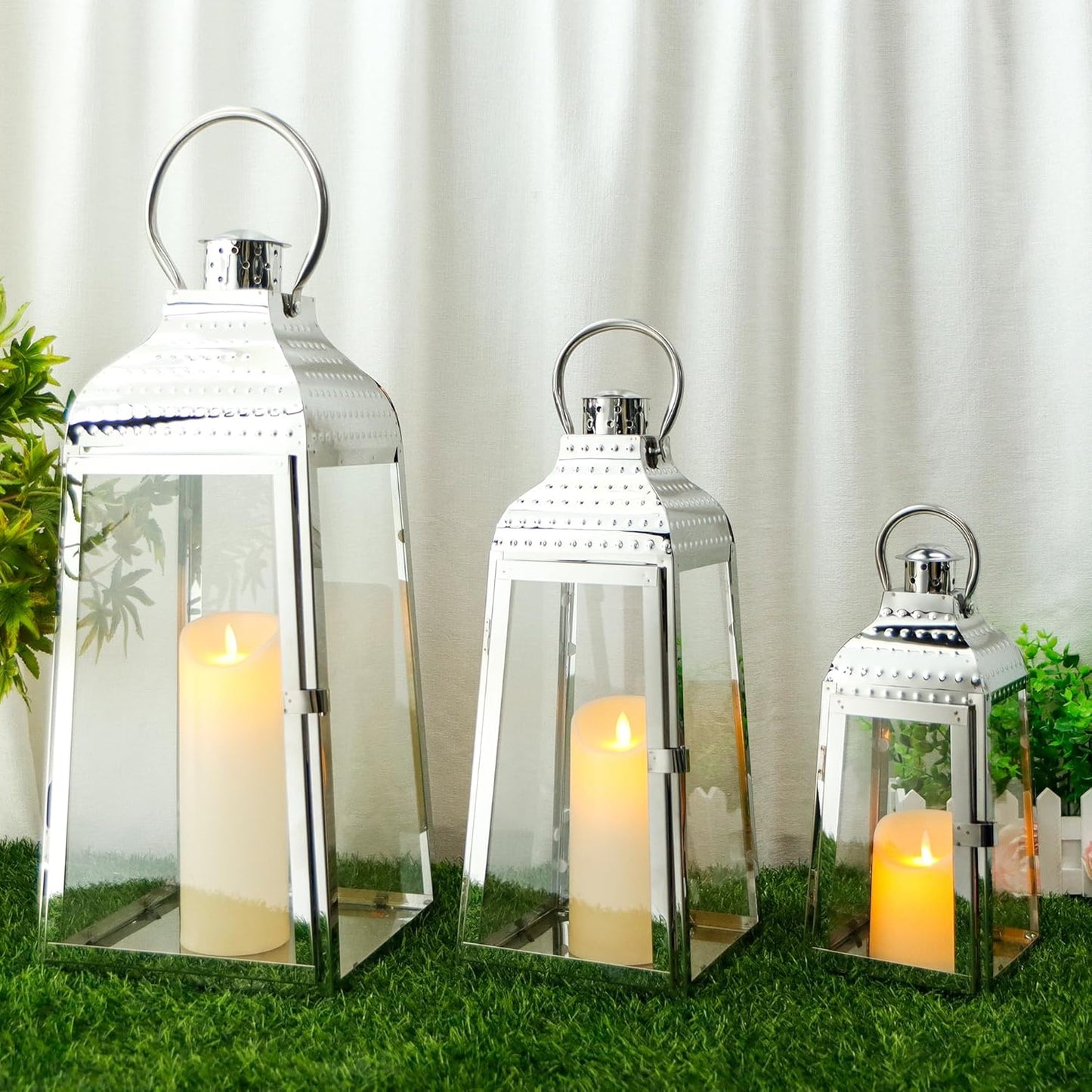 TRIROCKS Set of 3 Stainless Steel Candle Lanterns 20.5''&16''&12''H Decorative Candle Holders with Tempered Glass for Indoor Outdoor Porch Parities and Wedding(Silver)
