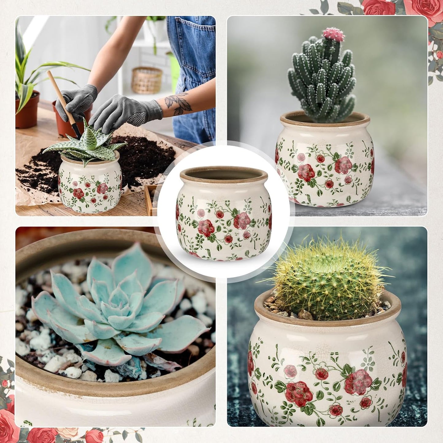 1 Pcs Vintage Planter Large Ceramic Plants Pot Red Plum Crack Cottage Scroll Vase Flower Vase Pot Indoor Plants Home Kitchen Decor Farmhouse Antique Decorative Gift