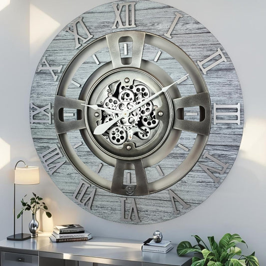 The Gears Clock Real Moving Gear Wall Clock England Line (Silver Grey, 24 inches (60 cm))