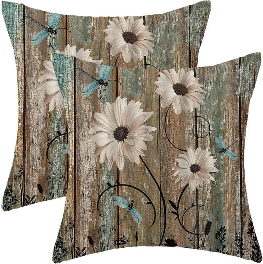 CXMEIFLY Spring Floral Pillow Covers 18 x 18 Inch Set of 2 for Brown Wood Texture Daisy Flowers Decor Throw Pillows Dragonfly Plant Floral Outdoor Decorative Cushion Cases for Couch Bed Decorations