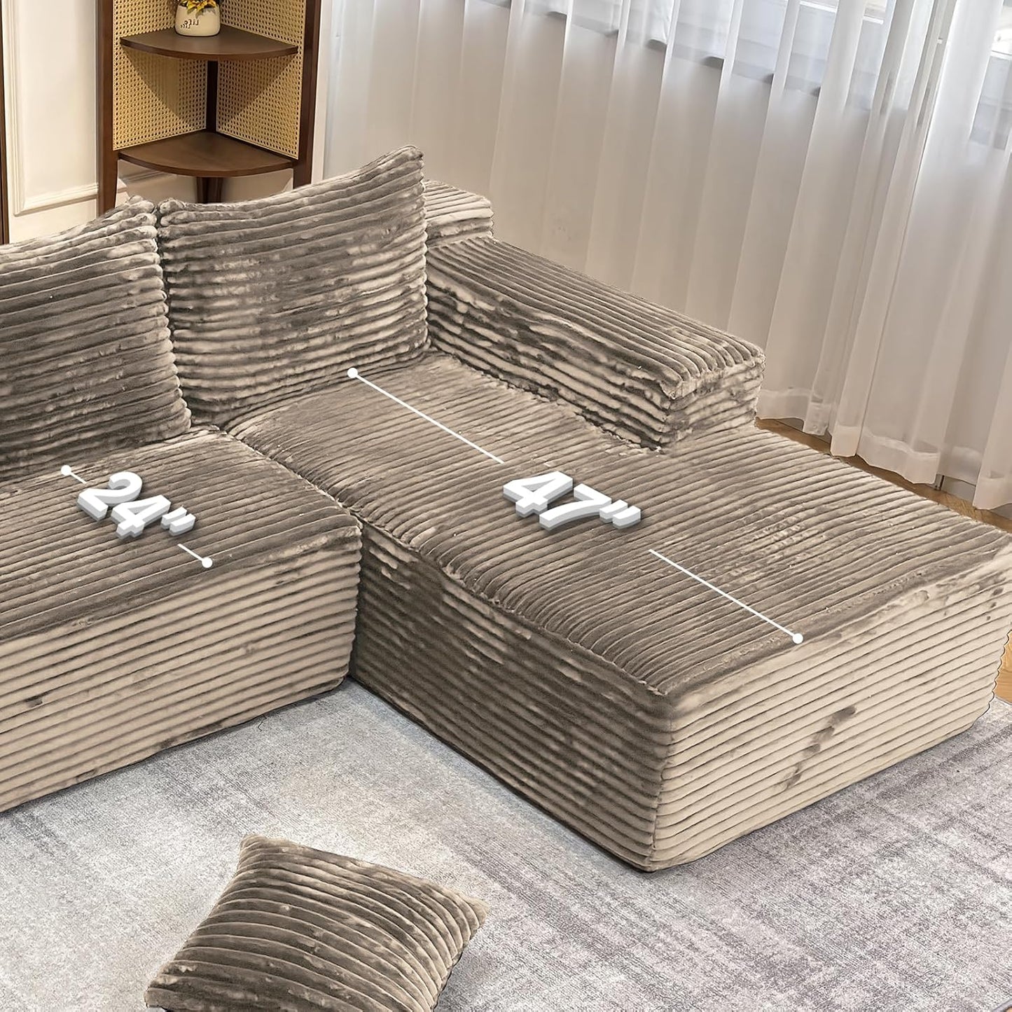 104" Modern Modular L-Shape Sofa Couch with Chaise Light Coffee Faux Rabbit Fur Cloud Sectional Couch with Deep Seat Modular Sectional Sofa No Assembly Required Upholstered Couches for Living Room