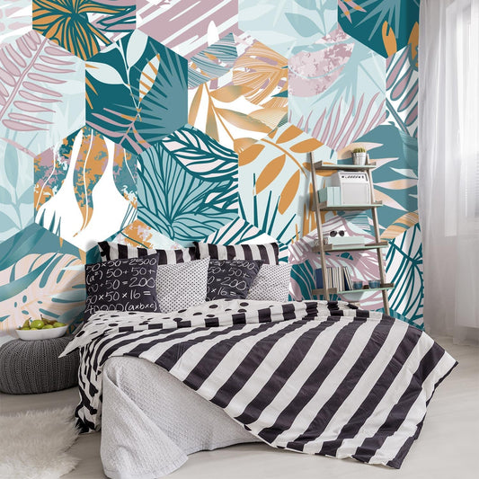 -Abstract Geometry Botanical Banana Leaf Fabric Wallpaper Living Room Bedroom Bathroom Tropical Plant Leaf Large Wall Mural- 160"x108"（ not Peel and Stick）