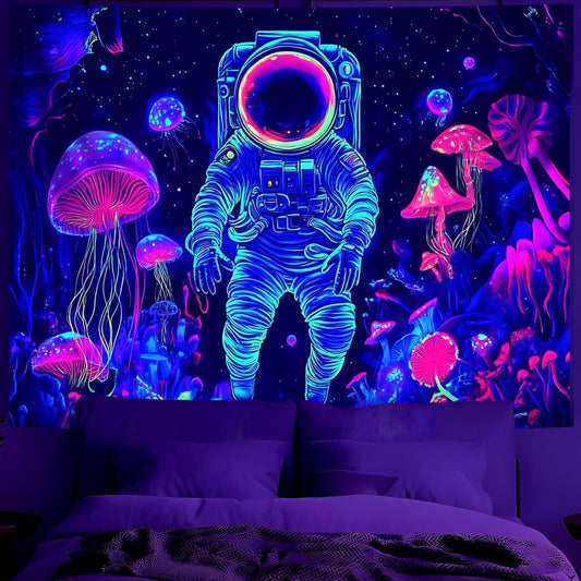 BVBOX Astronaut Space Blacklight Tapestry 79"x59", UV Reactive Astronaut Mushroom Forest Universe Galaxy Planet Glow in Dark Tapestries, Black Light Neon Upright Poster Wall Hanging Backdrop Decor for Bedroom Living Room