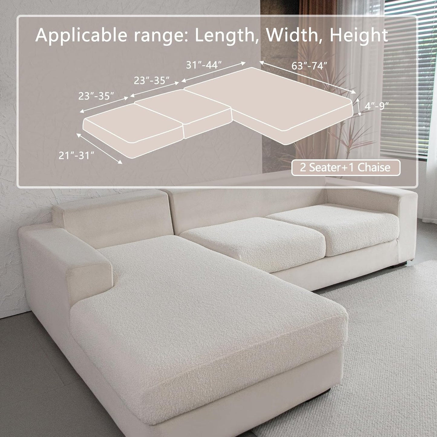 Couch Cushion Covers for Sectional Sofa, Stretch Soft Sofa Slipcovers Washable Wear-Resistant Universal Furniture Protector for Living Room(2 Seaters Covers+1 Chaise Cover, Ivory)