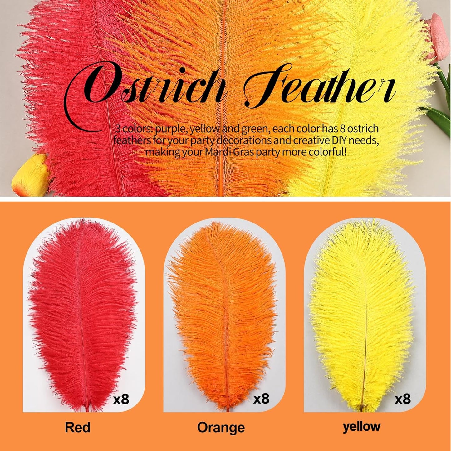 THARAHT Red Orange Yellow Ostrich Feathers 24pcs Natural Bulk 10-12Inch 25cm-30cm for Crafts Wedding Party Centerpieces Halloween and Home Decoration Feathers