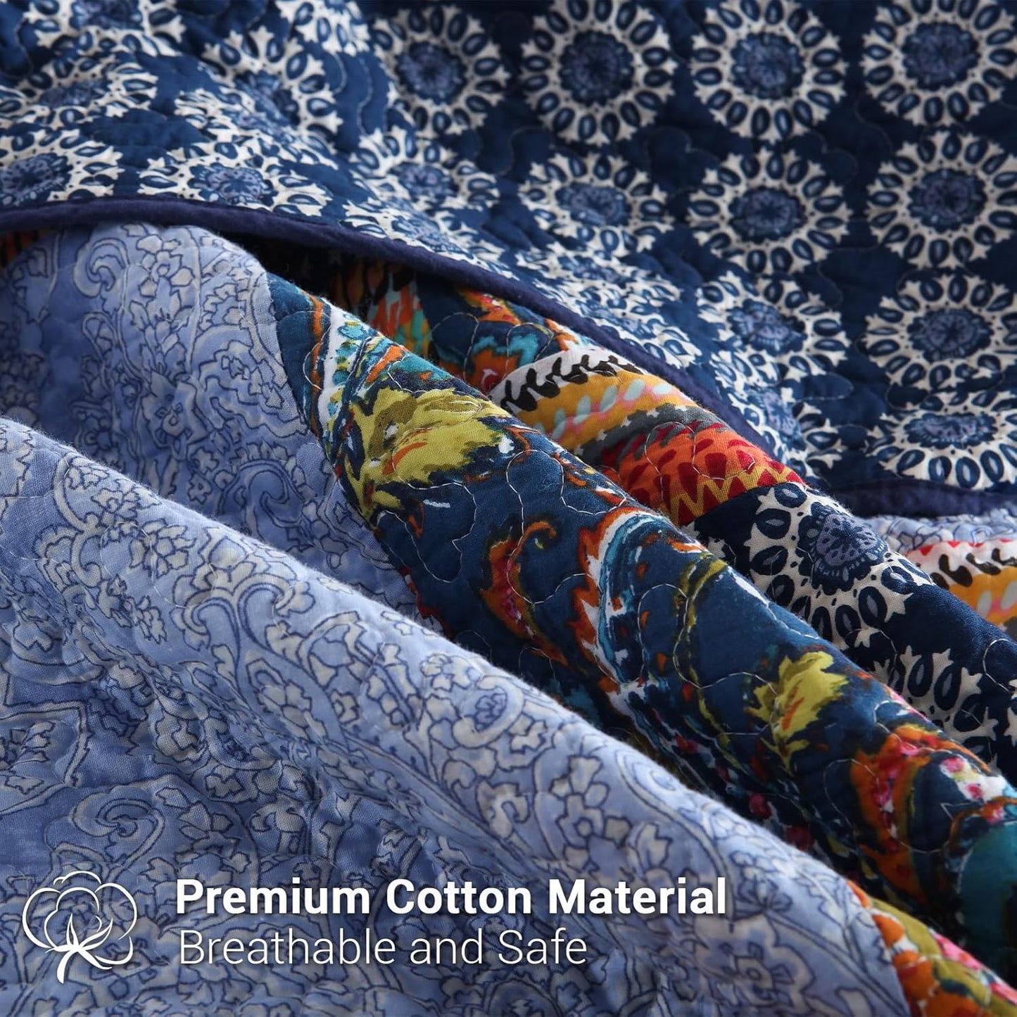 Yvooxny King Quilt Set Reversible Lightweight Bohemian Paisley Patchwork Cotton Quilted Bedspread Coverlet Set 3-Piece Bedding Set with Pillowcases for All Seasons, King Size, 108 * 96 Inches