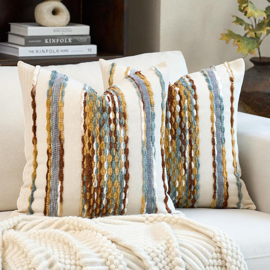 Aeckself Boho Pillow Covers 18x18 Inch Set of 2, Farmhouse Decorative Striped Square Chenille Tufted Accent Neutral Throw Pillow Covers for Living Room Couch Bed, Orange White