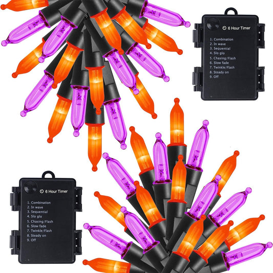 WATERGLIDE 2 Pack 50 LED Outdoor Halloween Lights, 16 FT Mini String Light with 8 Modes, Waterproof Battery Operated Tree Lights for Indoor Outdoor Patio Garden Party Decoration, Orange & Purple