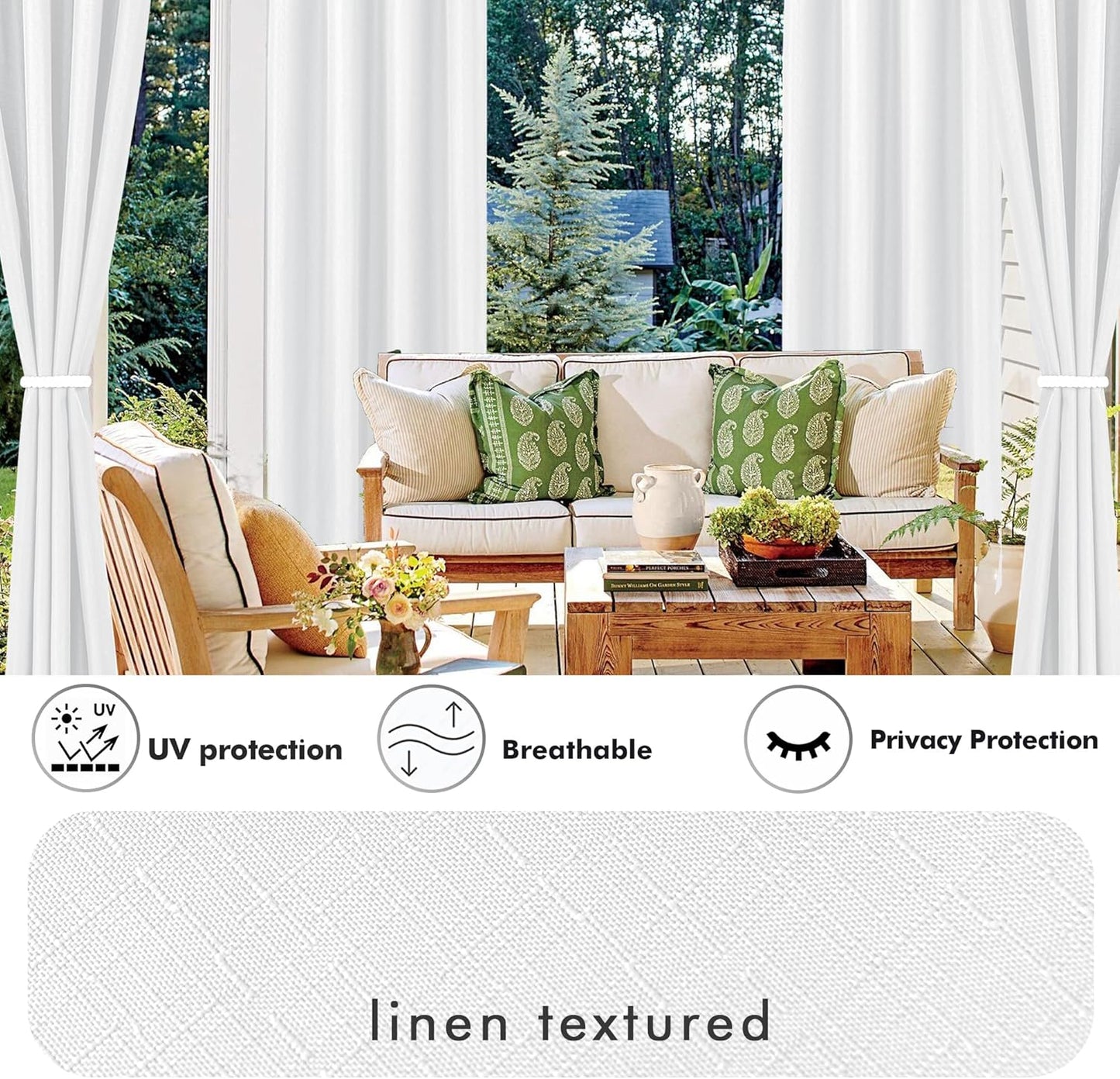 HolidayIdeas 4 Panels Linen Outdoor Curtains for Patio Waterproof White Curtains 84 Inch Length Set-Wide Curtains Weatherproof, Privacy, Textured for Pergola, Porch, Gazebo-110 Wide x 84" Long