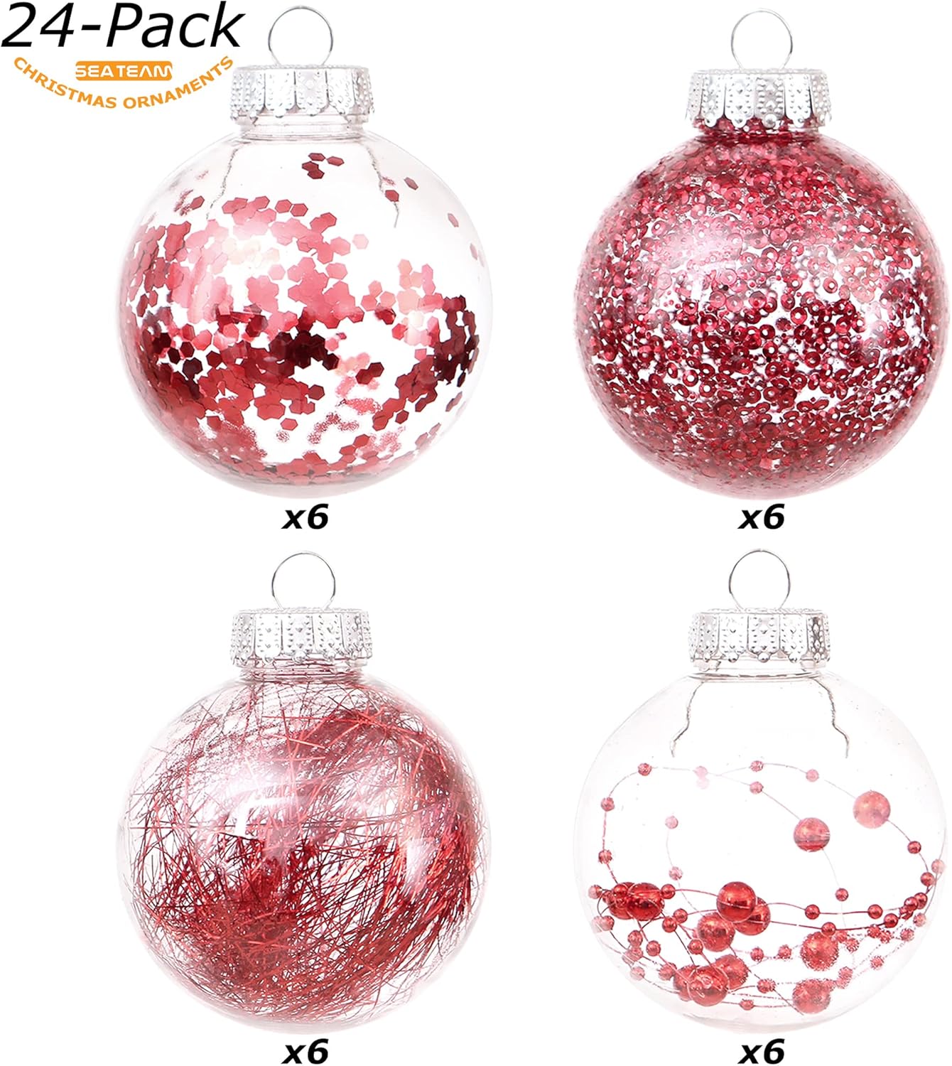 Sea Team Shatterproof Clear Plastic Christmas Ball Ornaments Decorative Xmas Balls Baubles Set with Stuffed Delicate Decorations (70mm/2.76 inch 24-Pack, Red)