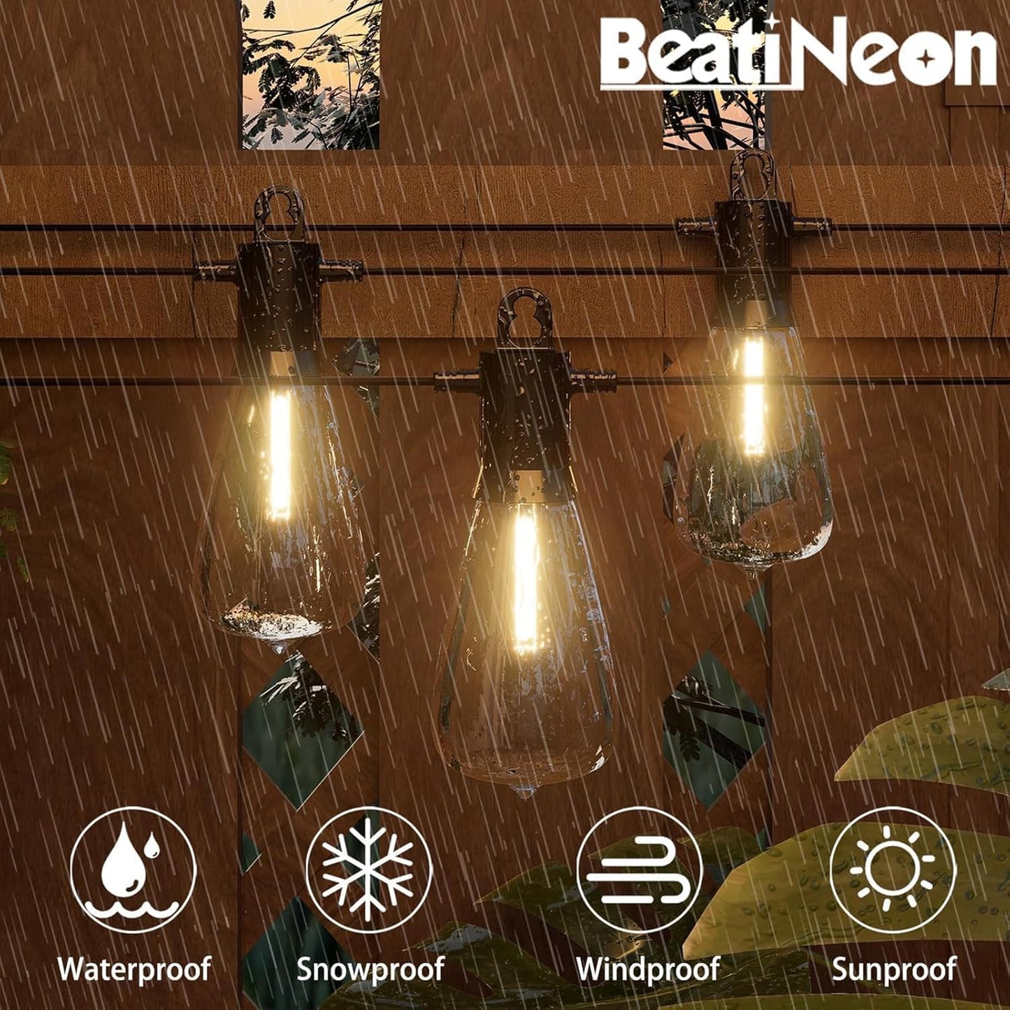 Outdoor String Lights 50 ft, LED Patio Lights with 27 (25+2 Spare ST38 Shatterproof Bulbs), IP 65 Waterproof, Outside Hanging Light for Cafe Bistro Backyard