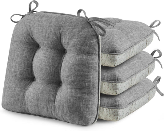 puredown® Chair Cushions for Dining Chairs, Tufted Memory Foam Chair Pads with Non-Slip Backing, Kitchen Seat Cushions with Ties, Washable Seat Pad Set of 4, 15.5" x 15.5" x 4", Dark Grey