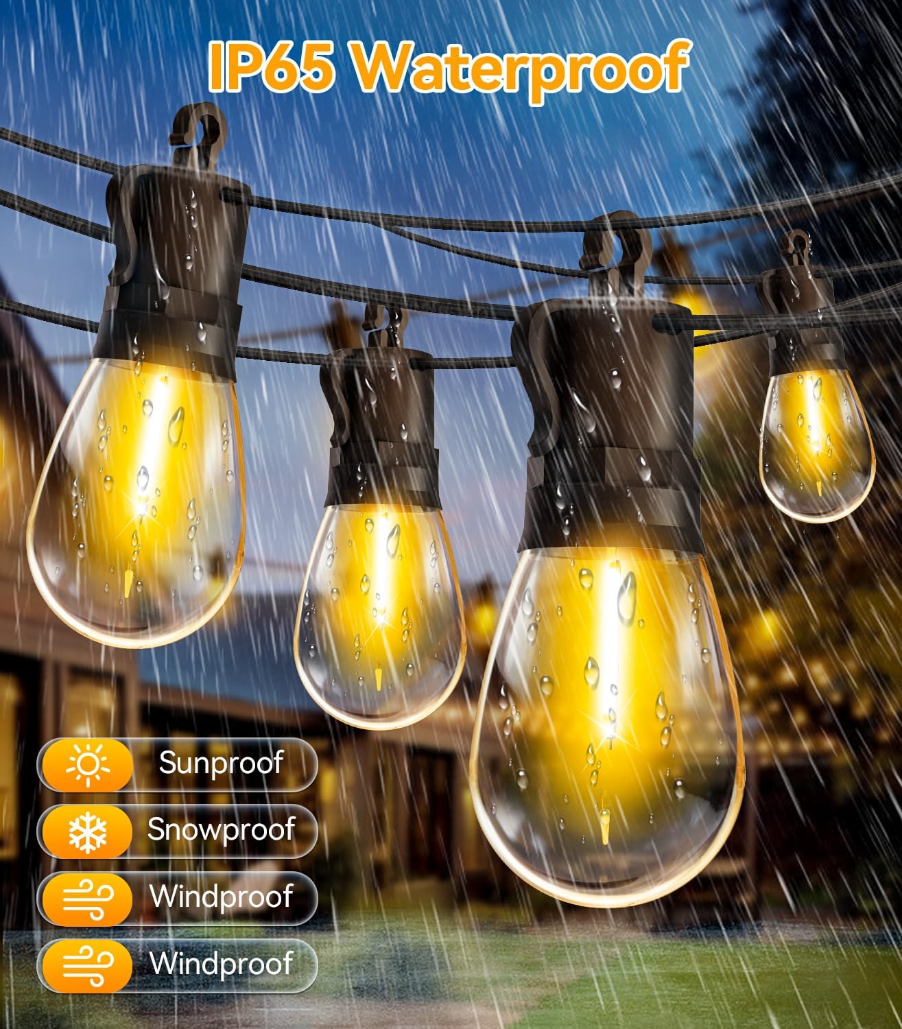 Outdoor String Lights Patio LED Light Outside - 60M IP65 Waterproof 58+2 S14 LED 200ft Porch Lighting