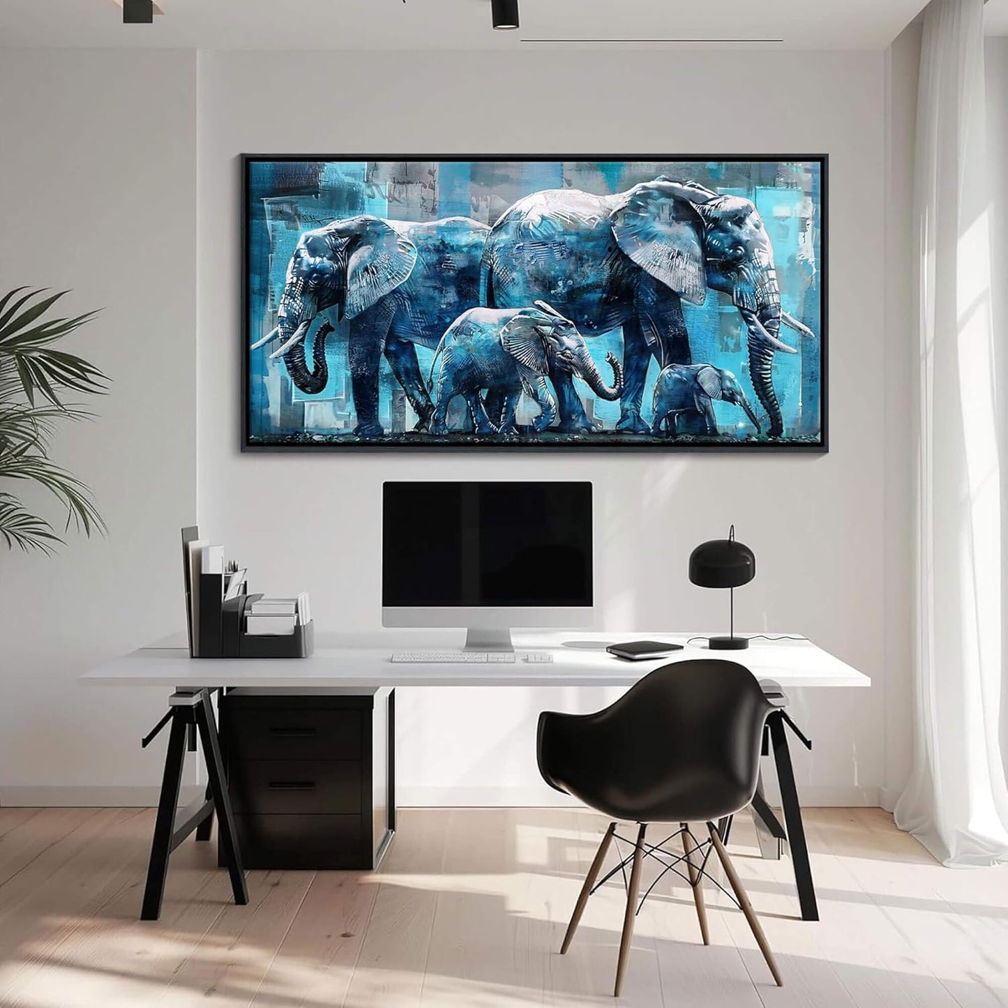 Elephant Canvas Wall Art 24x48 Inches - Framed Oil Painting Style with Black Wood Frame, Jungle Animal Decor for Living Room, Bedroom & Office - Ready to Hang