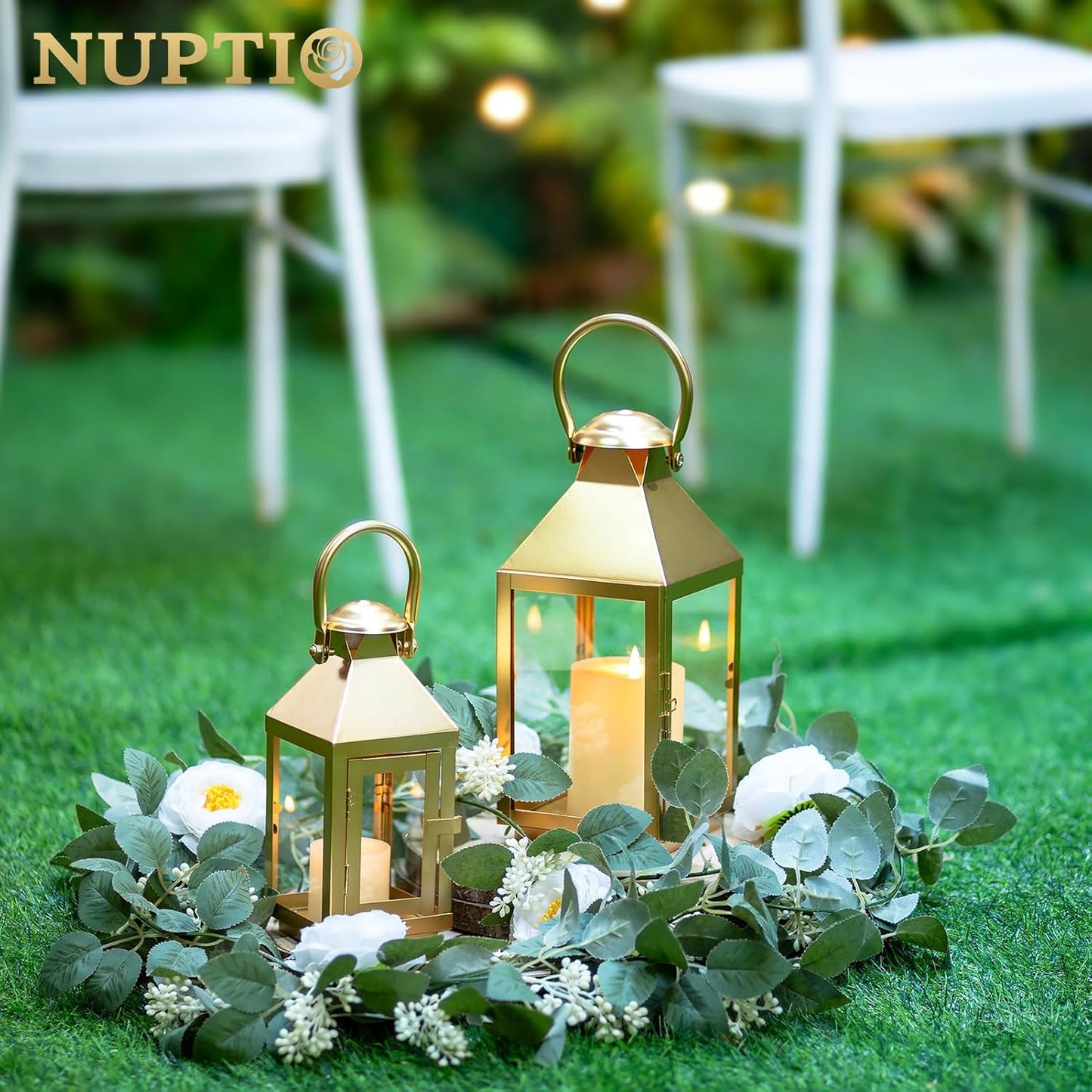 NUPTIO Gold Lanterns Decorative for Wedding: 11.3 Inch Tall Metal Lantern Decor with Glass - Outdoor Candle Holder for Table Centerpiece Dining Room Mantel Patio