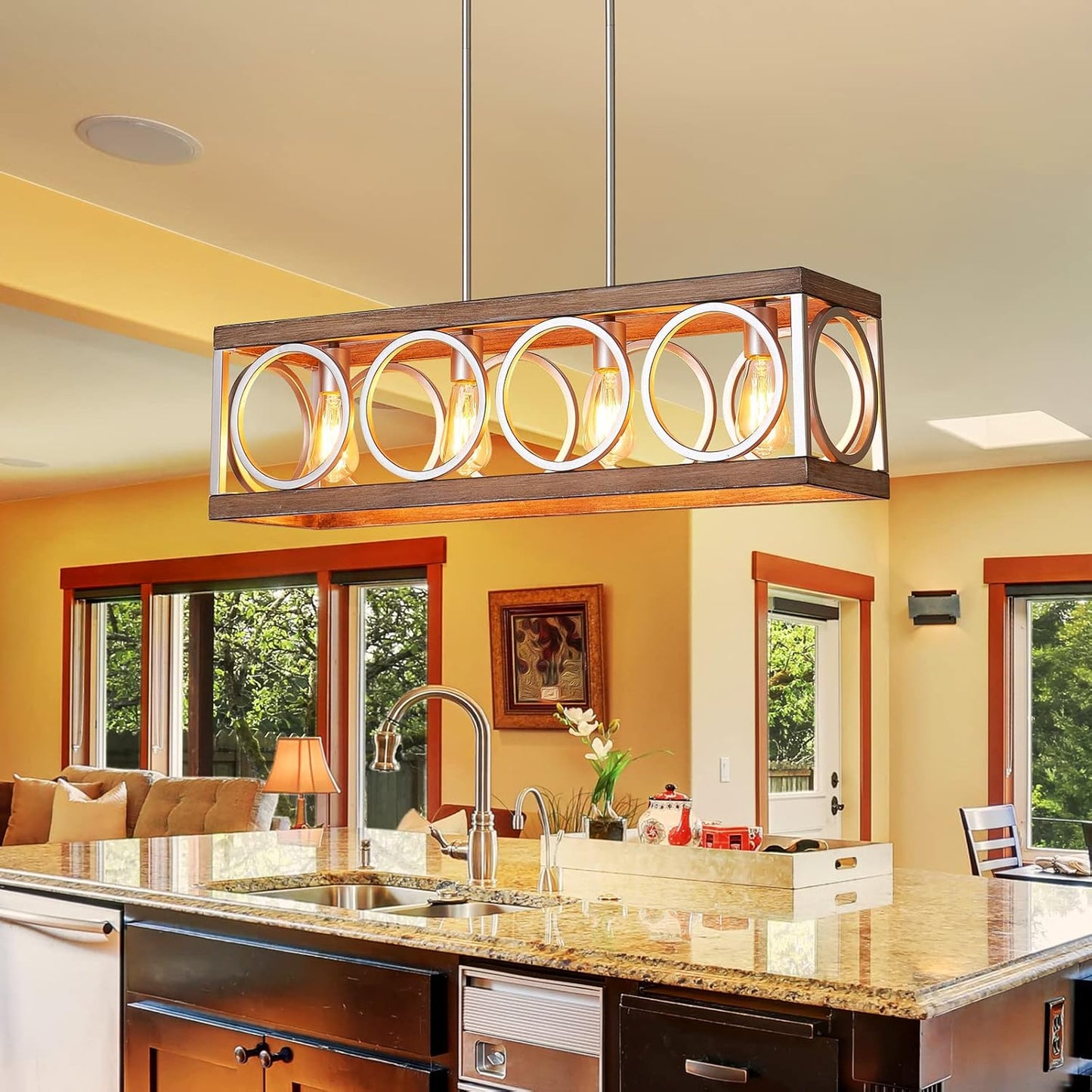 XINGQI Farmhouse Dining Room Chandeliers, Rectangle Vintage Hanging Lighting Fixtures, 4-Light Kitchen Island Lighting, Rustic Metal Chandelier Pendant Light, Antique Wood Grain XY082