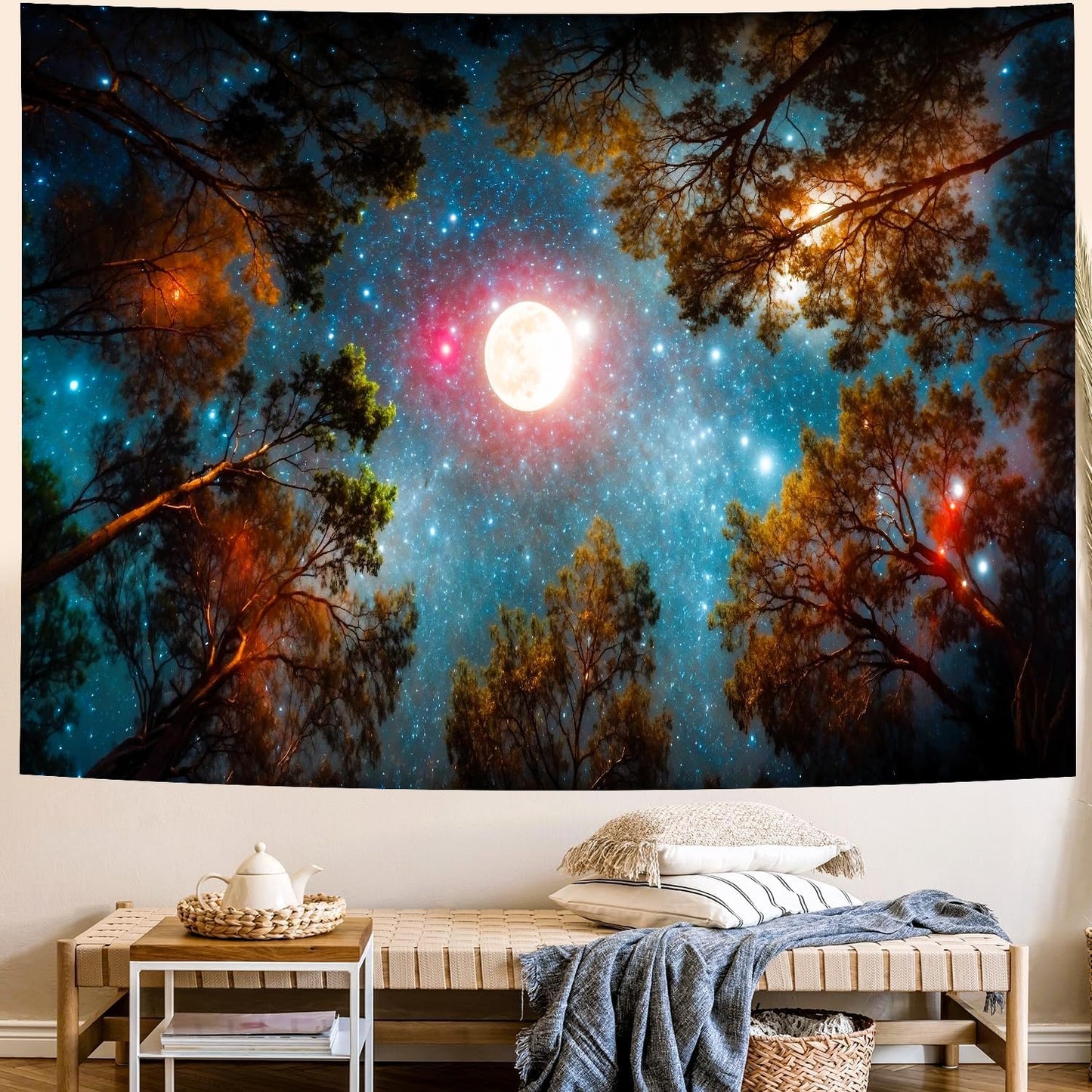 Delur Forest Tapestry Galaxy Moon Stars Night Space Starry Sky Wall Hanging Tapestry Aesthetic Tree Nature Landscape Psychedelic Headboard for Bedroom Living Room Home Decor (59.1" x 78.7")