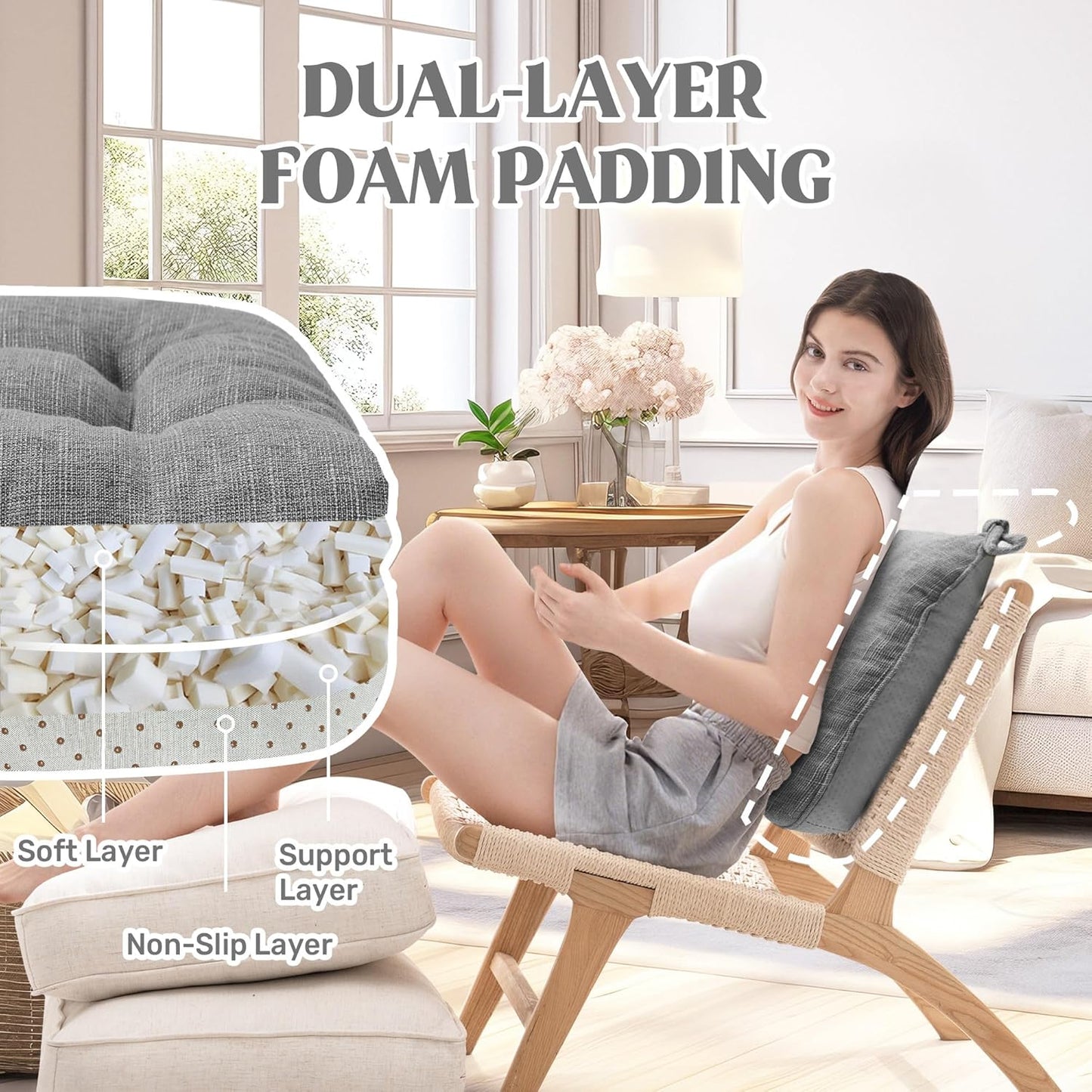 puredown® Chair Cushions for Dining Chairs, Tufted Memory Foam Chair Pads with Non-Slip Backing, Kitchen Seat Cushions with Ties, Washable Seat Pad Set of 4, 15.5" x 15.5" x 4", Dark Grey