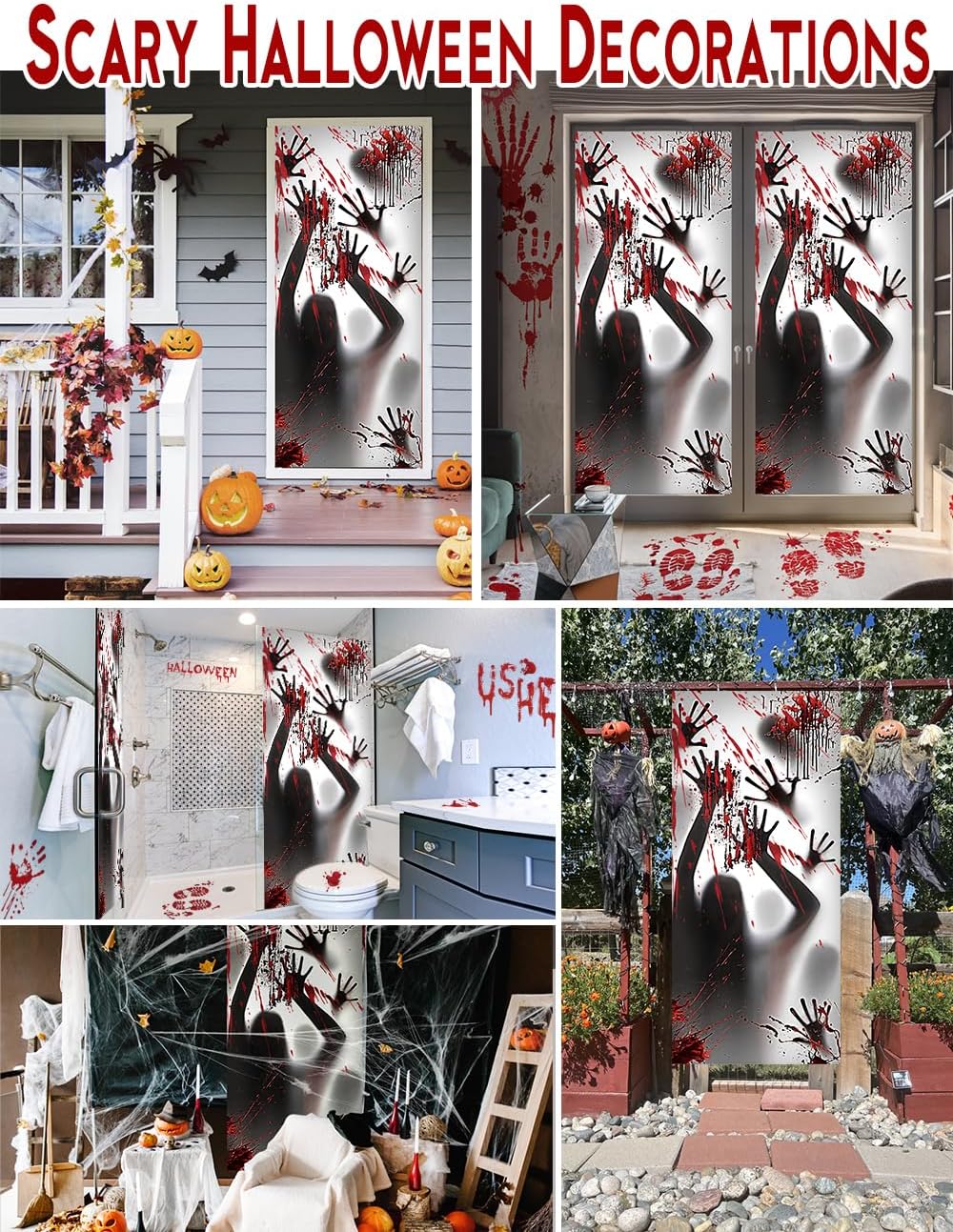 Wohohoho 11 Sheets/202 Pcs Bloody Halloween Decorations Set. 2 Giant Spooky Door Cover, 6 Sheets Horror Window Clings, 3 Sheets Scary Floor Stickers, Halloween Party Wall Decal Bedroom Inside Decor