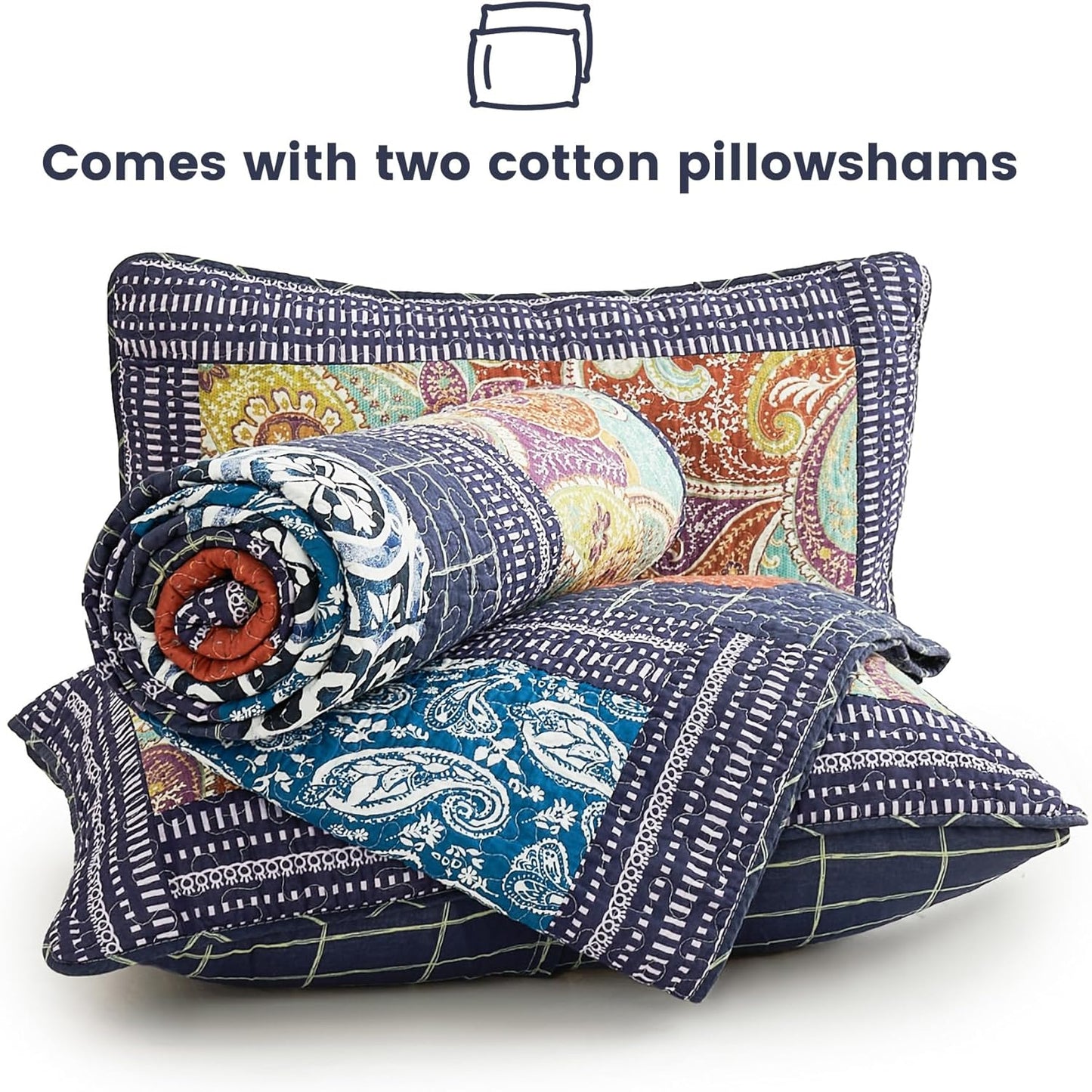 Secgo Queen Comforter Set for Bed - 100% Cotton Quilts Queen Size, Black Bedspreads (90 * 98 Inch) with 2 Pillow Shams, Patchwork Reversible Lightweight Bedding